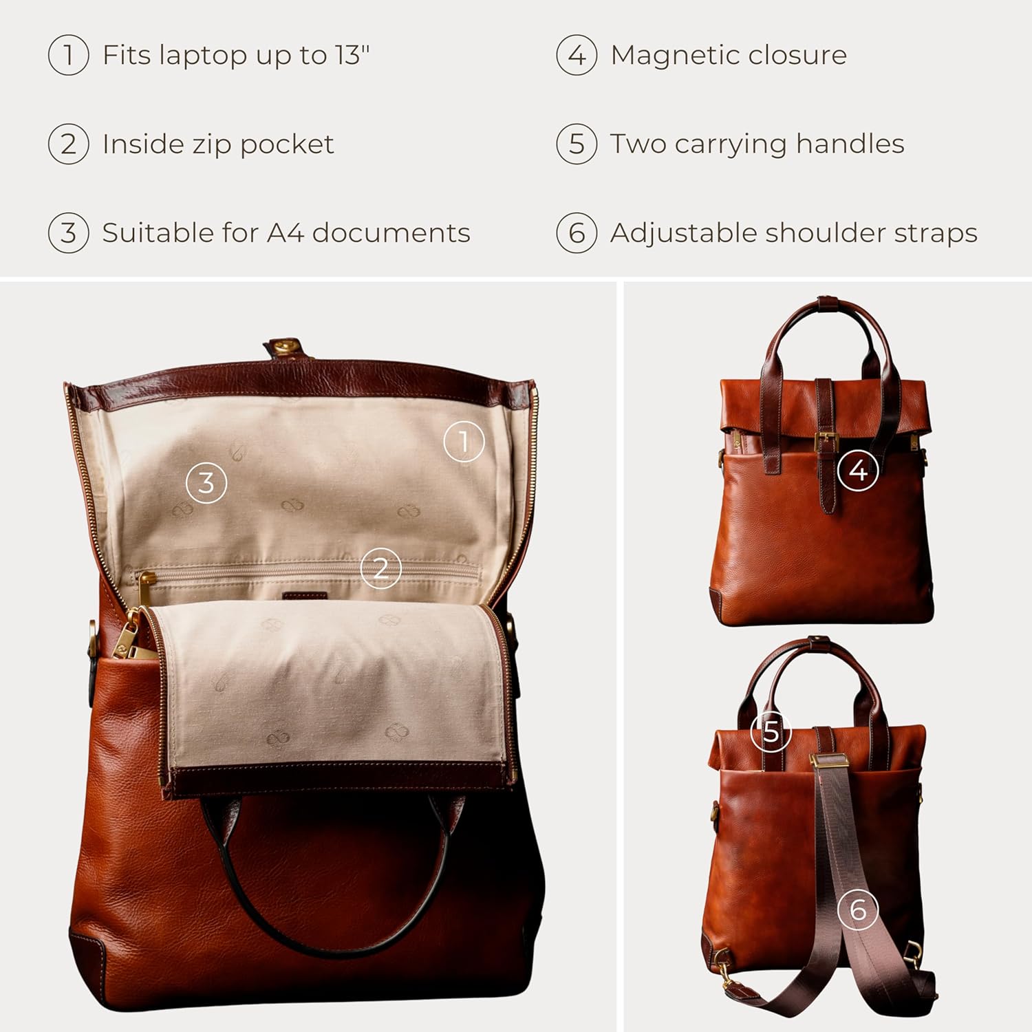 Time Resistance Leather Backpack - Business and Casual Backpack - Real Leather Backpack Made in Italy - Image 6