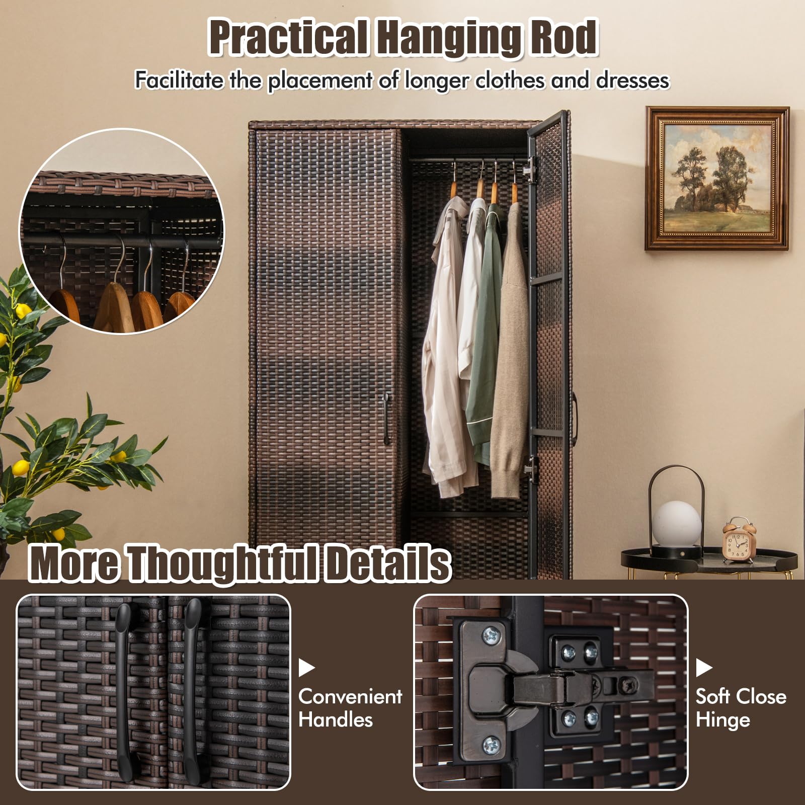 KOMFOTTEU Gartenschrank aus Rattan, Aufbewahrungsschrank mit 5 Einlegeböden & Hängeregal, Terrassenschrank Geräteschrank mit Doppeltüren, Rattanschrank 72 x 50 x 157 cm (Mix Braun)
