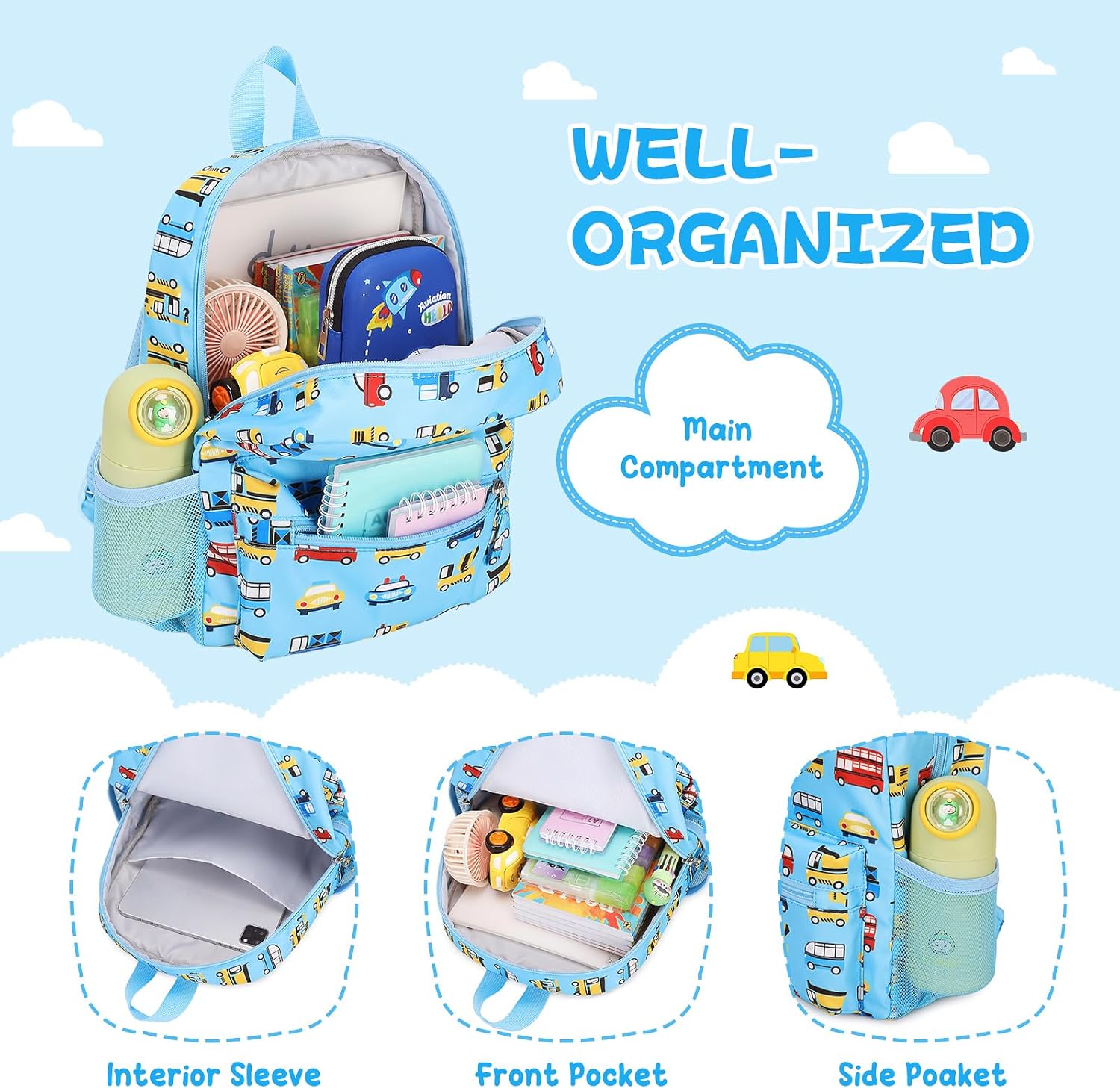 Toddler Backpack for Boys, 12'' Mini Preschool Backpack for Kids Age 2-4 Years Old Small Toddler Bookbag for Kindergarten with Chest Buckle and Reflective Strip, Blue Car - Image 4