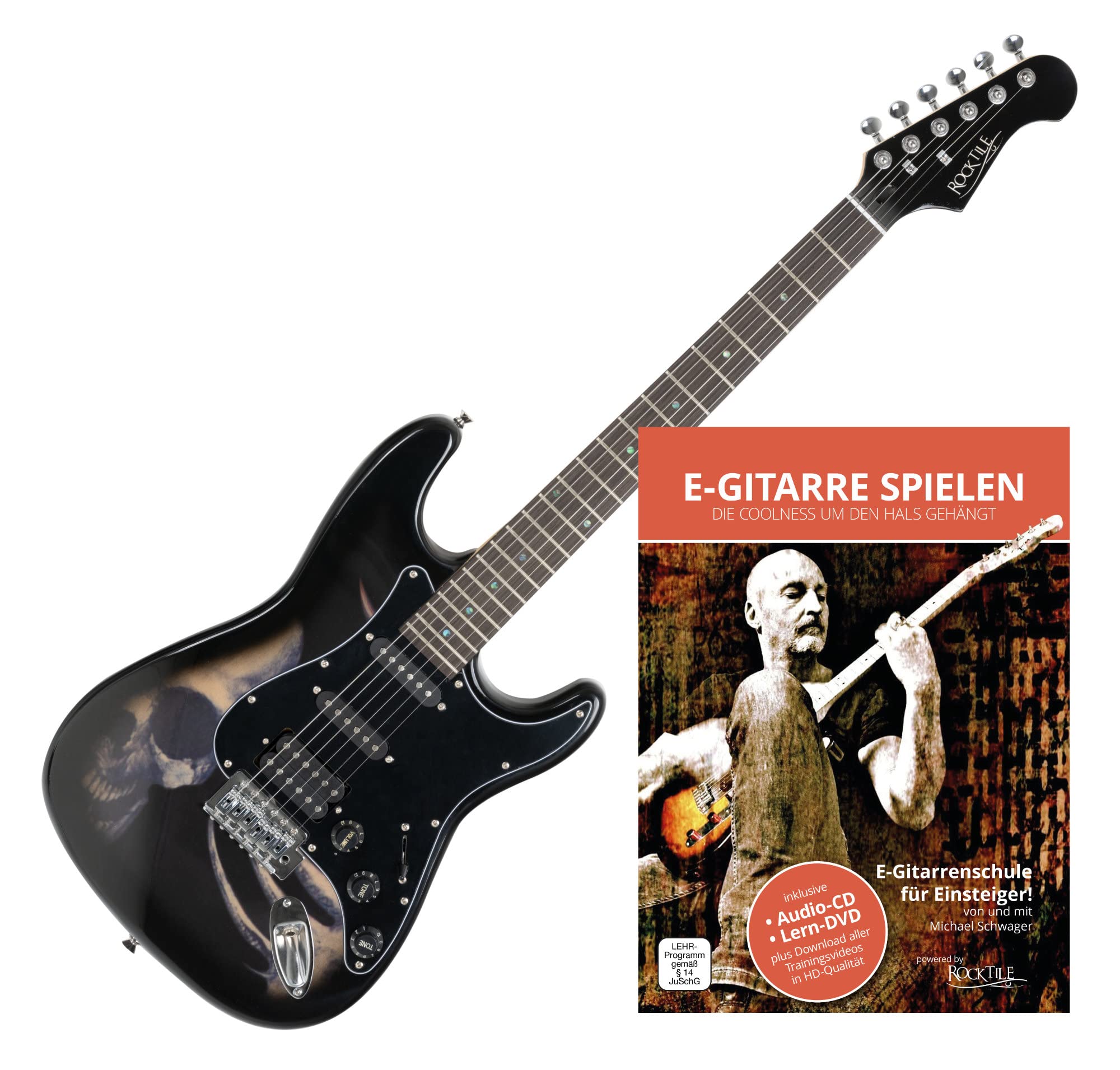 Rocktile Pro ST60-SK E-Gitarre Skull + Gitarren-Schule
