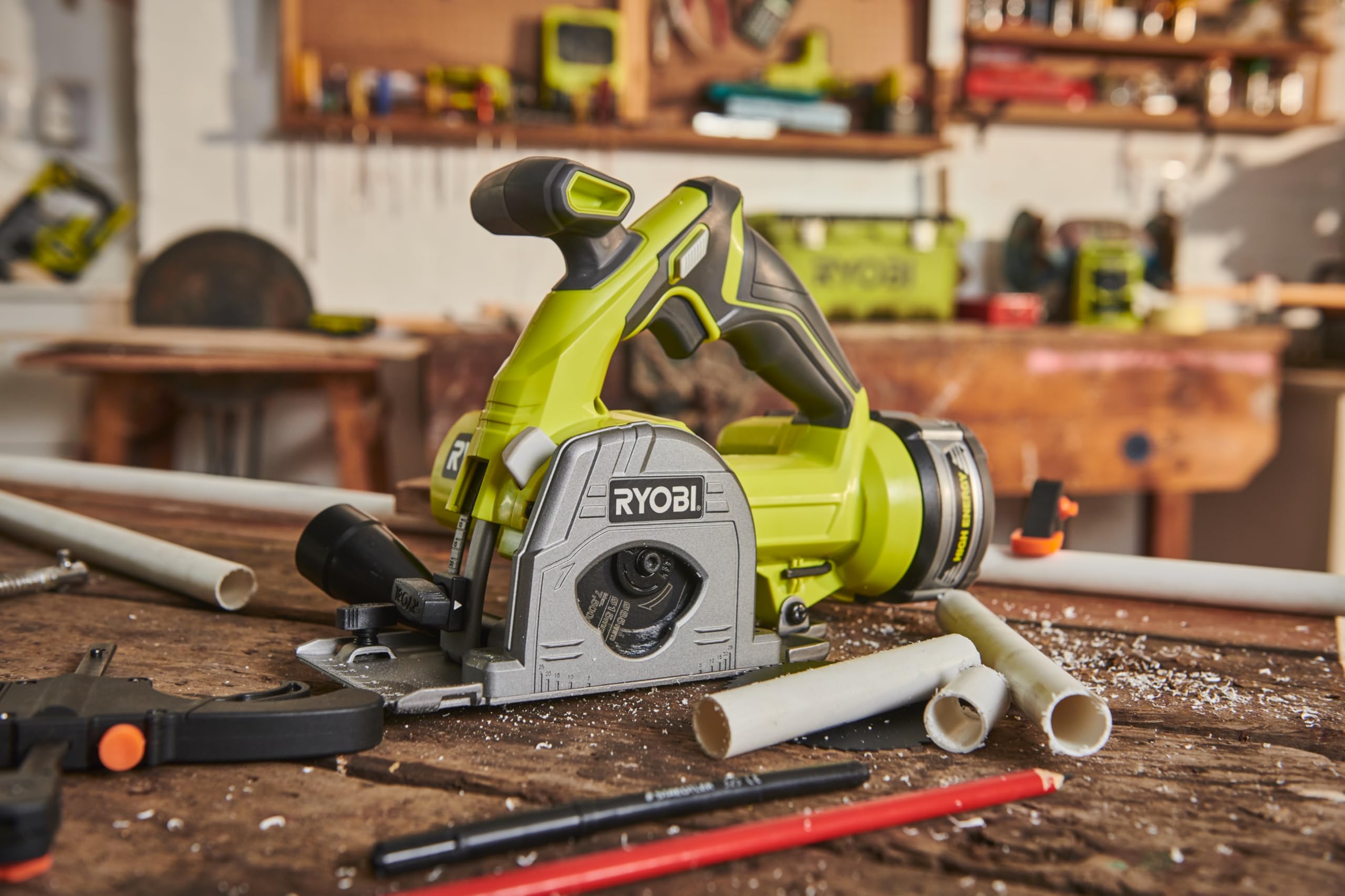 RYOBI - Sierra Multimaterial 18V ONE+ - Ø85x15mm - 4250 rpm - Entregada con 1 Cuchilla Multimaterial, 1 Baldosa, 1 Guía Paralela y 1 Boquilla de Aspiración (Batería y Cargador no Incluidos) - R18MMS-0