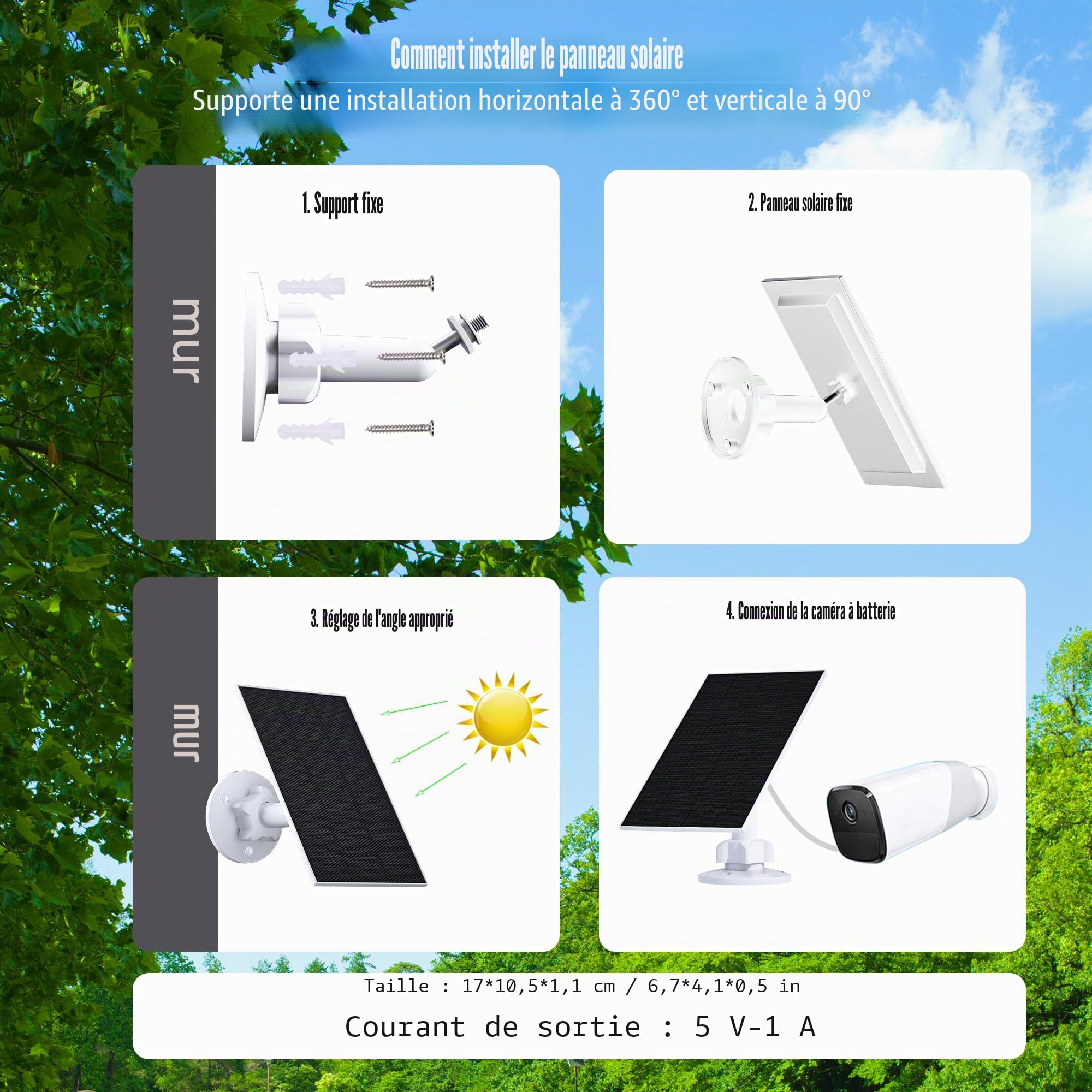 Panneau Solaire pour Caméra Eufy, Panneau Solaire 5V 2,5W Compatible avec Eufycam,2C/2C Pro, 2/2Pro, E20/E40, Solo, SoloCam Spotlight, Micro USB & Bouchon en Caoutchouc Inclus, Étanchéité IP65