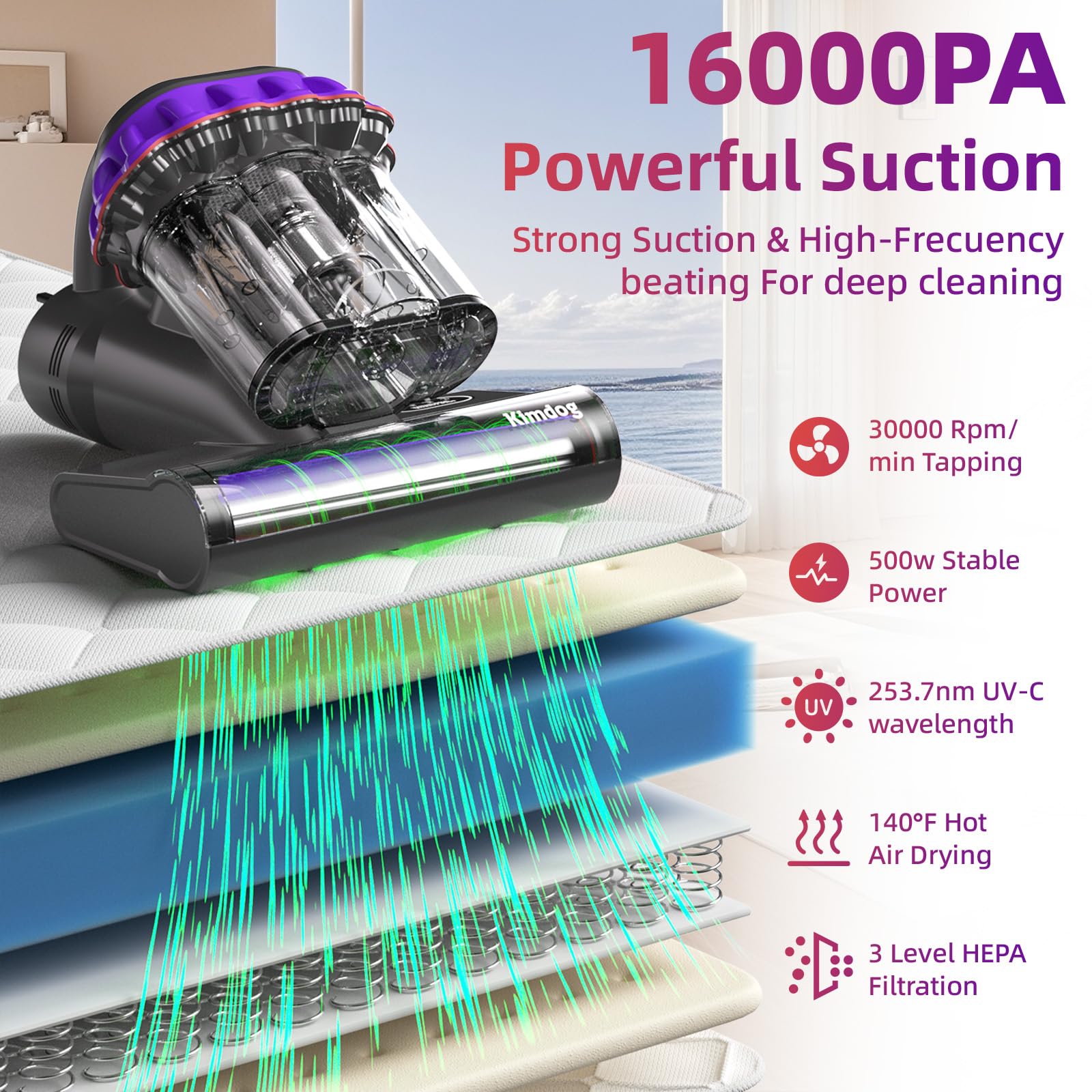 Aspiradora de colchón de 16 Kpa con luz UV-C de 253.7 nm, calor de 140 °F y filtro HEPA, aspiradora de mano de 500 W para sofá, sofá y mascota 2