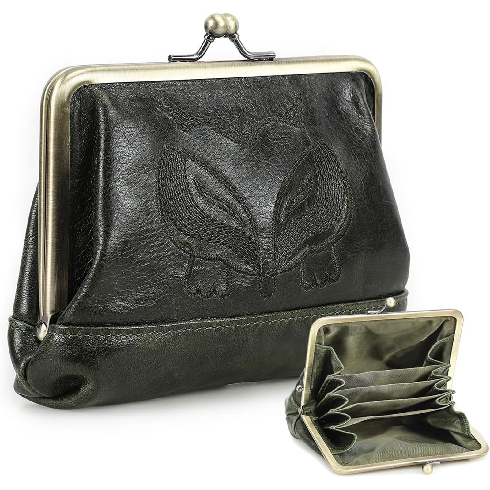 Contacts Porte-monnaie en cuir Kiss Clap pochette pour femme dames vintage porte-cartes petit portefeuille mignon pour la monnaie, vert foncé, Vintage