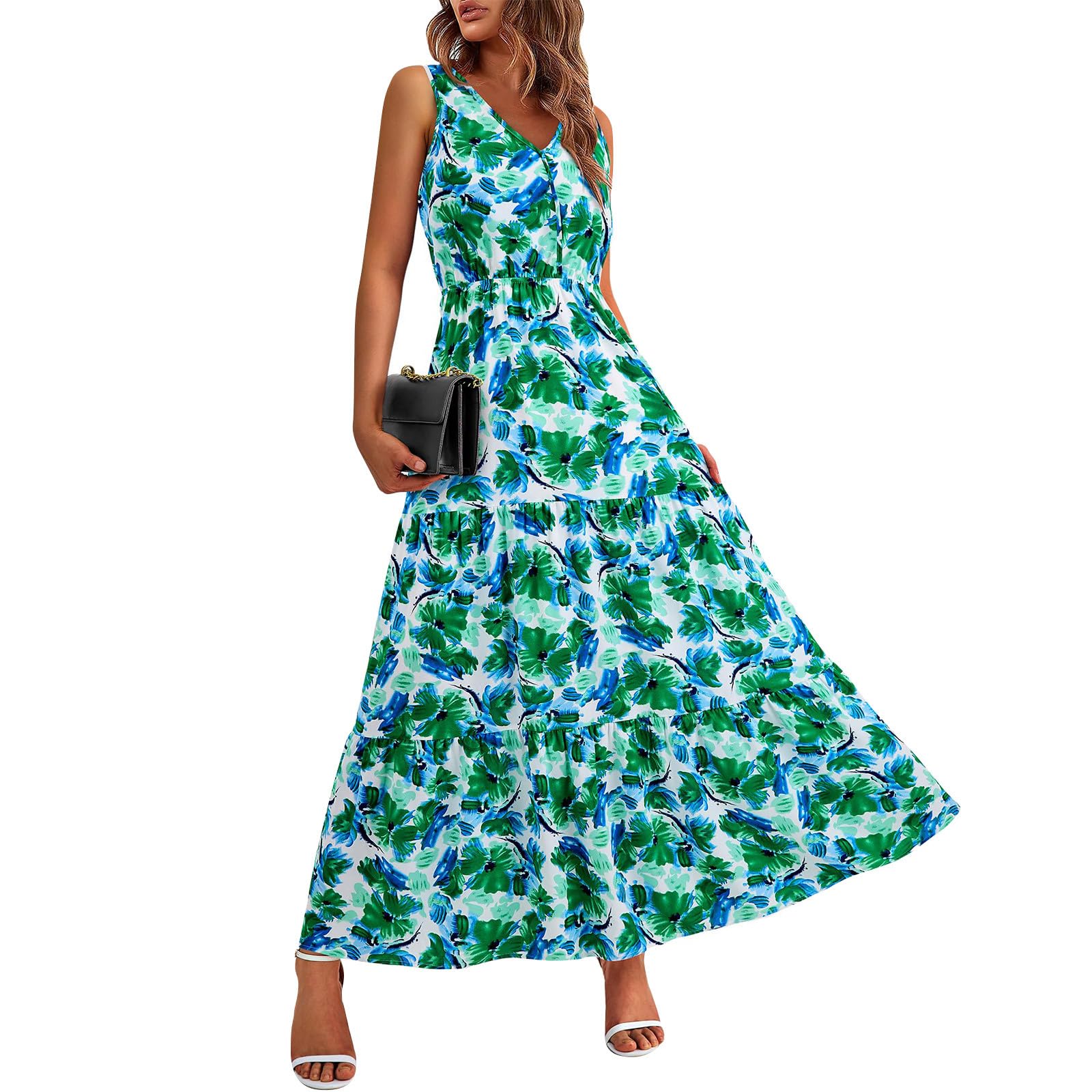 Dresses for Women 2024 Sleeveless V-Neck Sundress Casual Loose Maxi Dresses Floral Long Dresses Flowing Guest Dress
