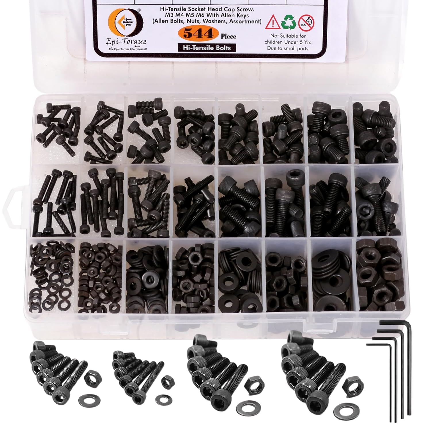Hi-Tensile 12.9 Alloy Steel Socket Head Cap Screw Allen Bolt Thread Dia M3 M4 M5 M6 with Full Thread Length 10mm to 20 mm Screws (Black) - Pack of 544 Pcs