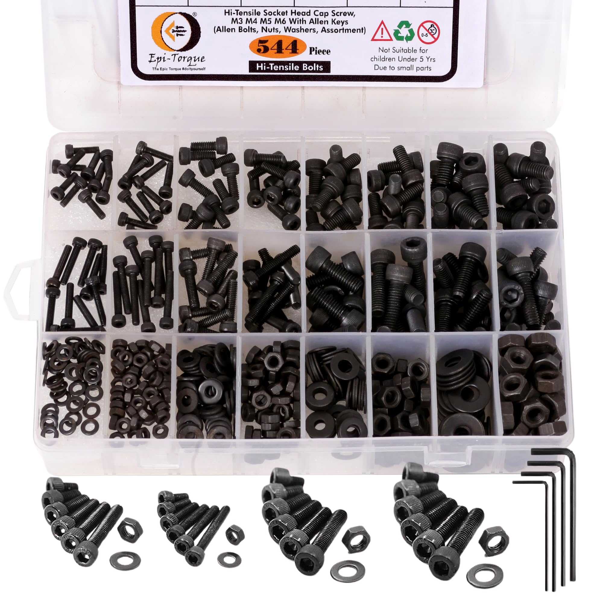 - Epi-Torque Hi-Tensile 12.9 Socket Head Cap Screw Allen Bolt Dia M3 M4 M5 M6 Thread Length 10mm to 20 mm Screws Assortment with Matching Hex Nuts, Flat Washer & Allen Keys Pack of 544 Pcs Pack (Black)