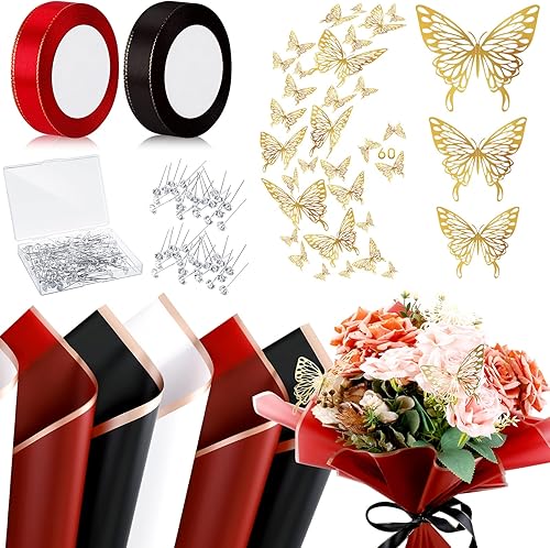 Miniatura 8 de Outus 60 hojas de papel de regalo para ramo de flores, impermeable, con 60 mariposas 3D, 100 alfileres de flores, 2 rollos de cinta, suministros de