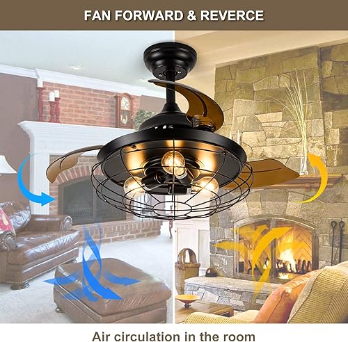 Miniatura 4 de Farmhouse Rustic Ceiling Fan with Lights36inch Black Industrial Caged Ceiling Fan Retractable Ceiling Fans with Light and Remote Control for Indoor
