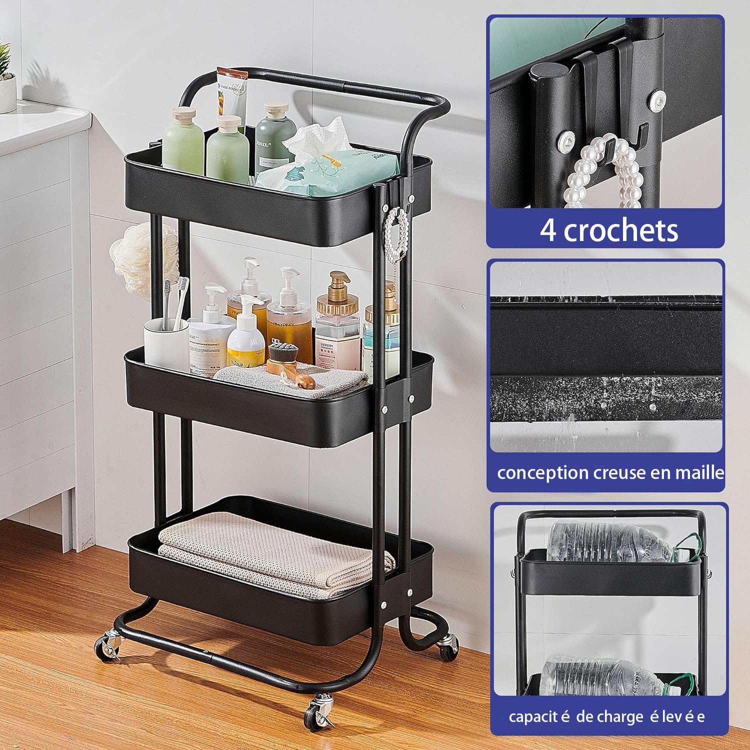Chariot de Service Chariot de Cuisine Étagère de Cuisine, avec poignée et roulettes verrouillables, Chariot Multi-Usage Amovible, Convient pour la Salle de Bain et la Cuisine, Noir