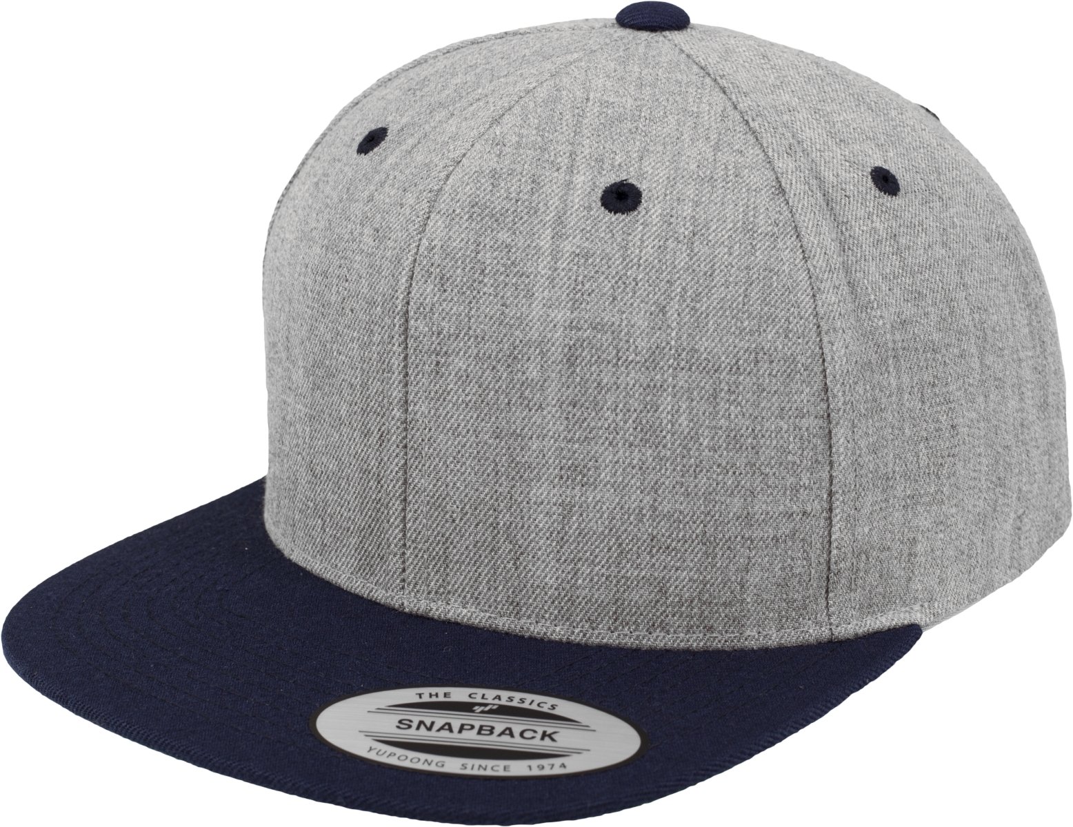 Yupoong Flexfit Unisex Kappe Classic Snapback 2-Tone, zweifarbige blanko Cap mit geradem Schirm, One Size Einheitsgröße für Männer und Frauen, Farbe heather/navy