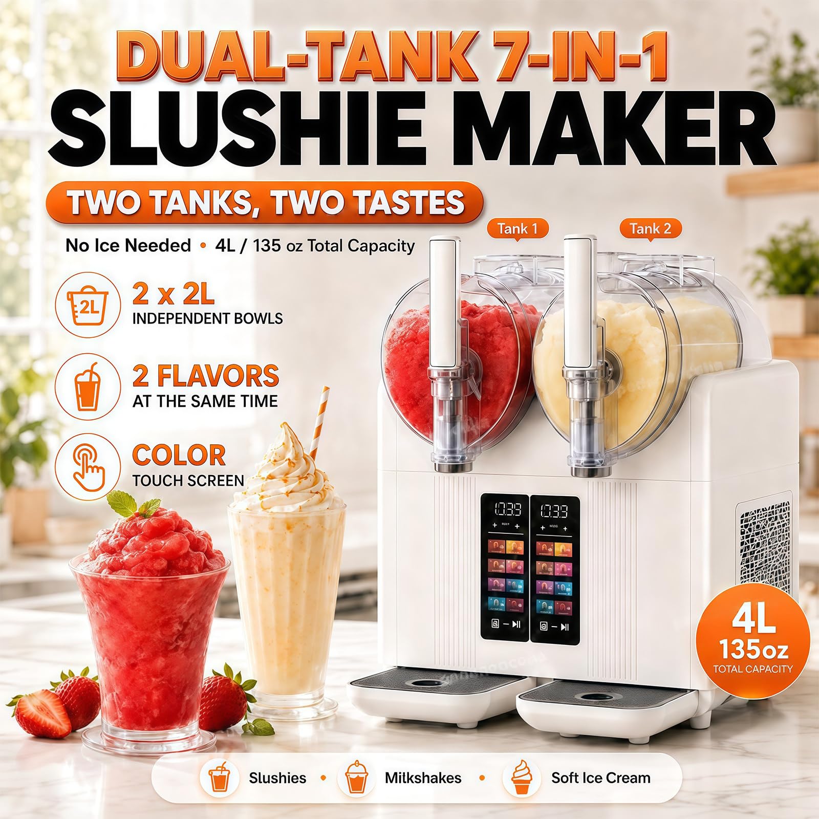 Máquina de Granizados Profesional y Helado Soft 2 en 1, Granizadora de Slush de Doble Tanque con Pantalla Táctil, Dispensador para Sorbetes, Yogur Helado y Bebidas Frías White