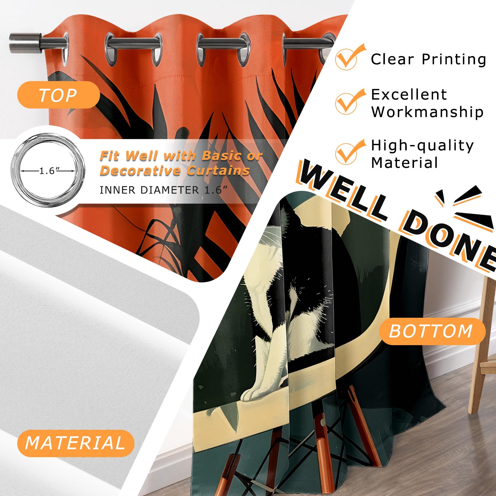 Rideau Occultant Chat - Rideau Thermique Motif Bloc de Couleur Vertes Orange Brûlé, Rideaux Chambre Salon Fenetre, Lot de 2 Rideaux et Draperies Intérieurs à Oeillets, 117x183 cm (LxH) N#-125