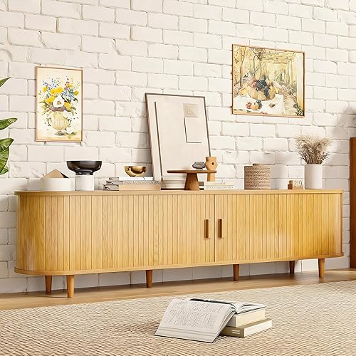 Miniatura 8 de Soporte de TV moderno de mediados de siglo de 70 pulgadas, consolas de TV de madera con puertas correderas y toma de corriente, centro de Soporte de