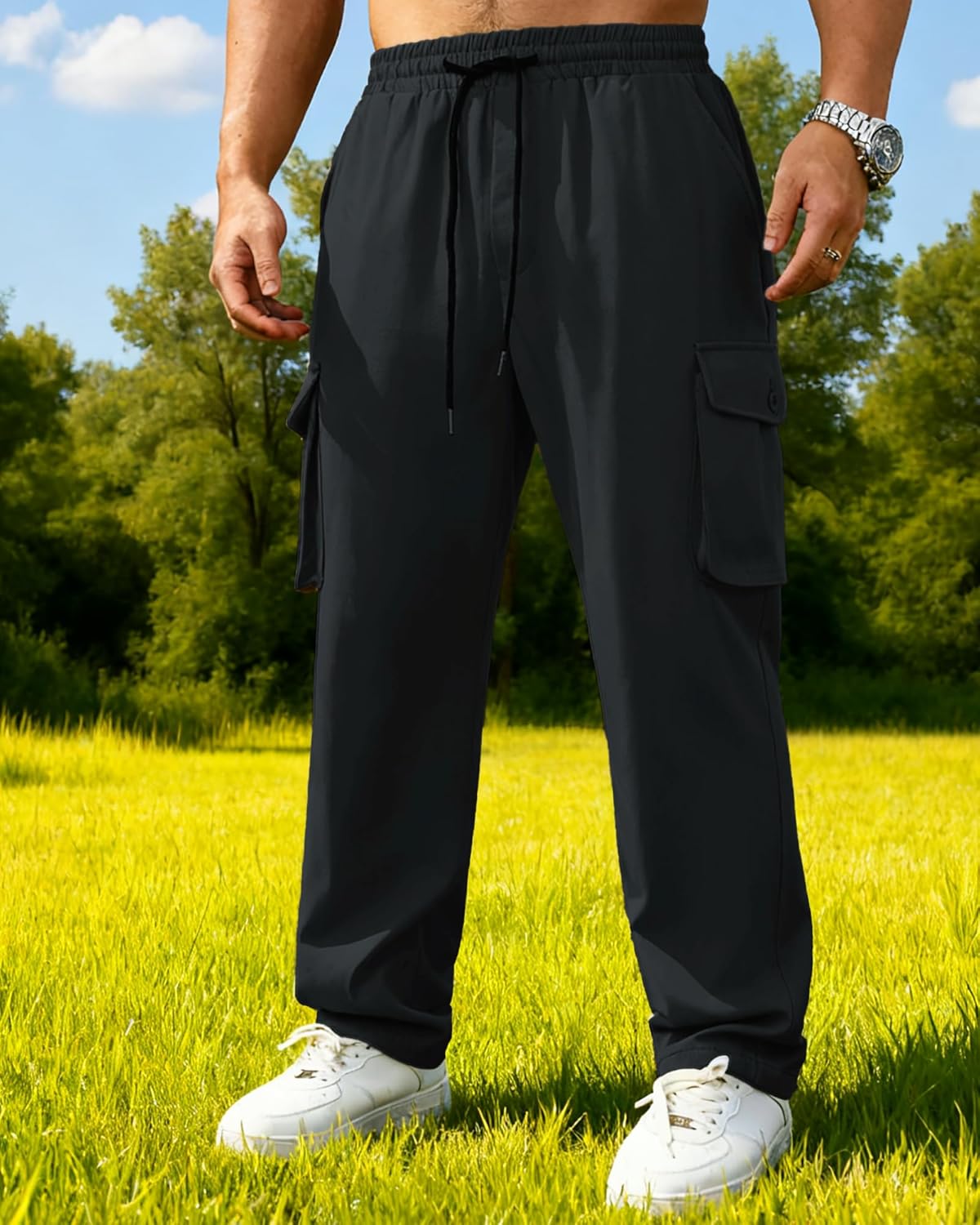 Men's Lightweight Cargo Pants Elastic Drawstring Casual Relaxed Fit Tapered Pants Multi Pockets S-3XL - Image 2