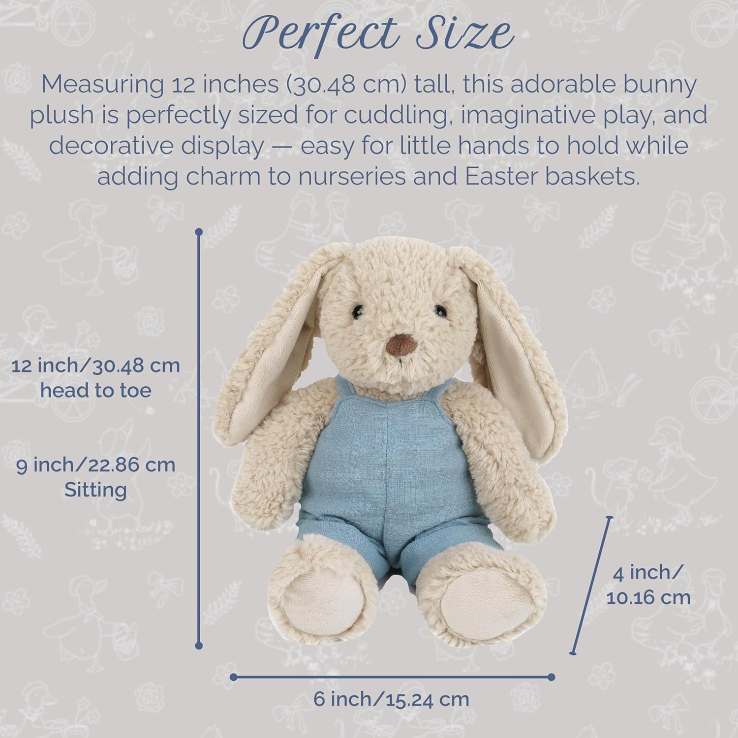 MON AMI Bramble Bunny 12-Inch Stuffed Rabbit for Boys & Girls | Soft Bunny Plush Toy with Overalls | Easter Playtime Companion | Nursery Décor for All Ages