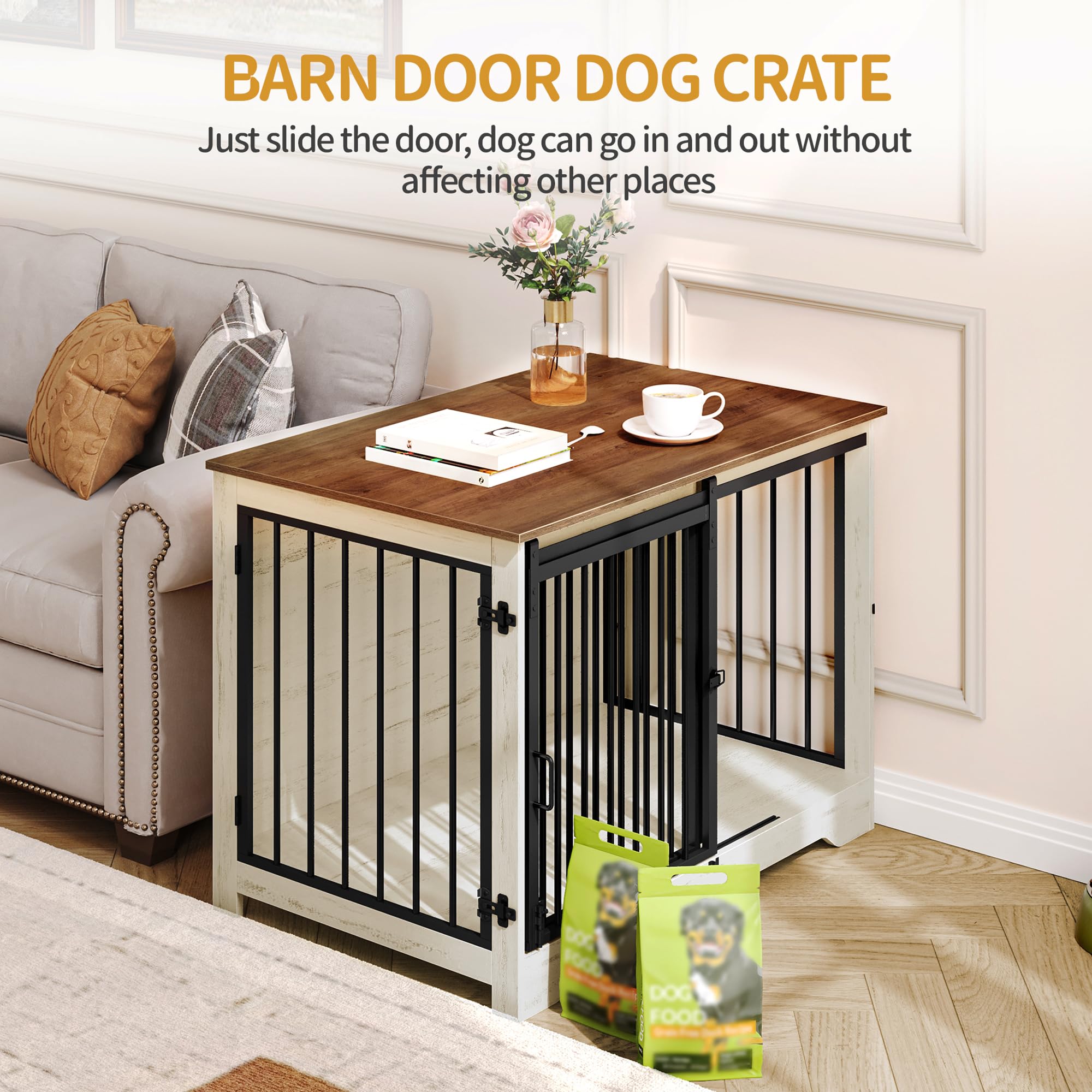 Hzuaneri 100cm Gabbia per Cani, Tavolo Supplemento, Nicchia Moderna per Cani, Gabbia per Cuccioli, Casetta per Animali, 2 porte, 60 x 100 x 68 cm, Bianco e Marrone DFC02314B