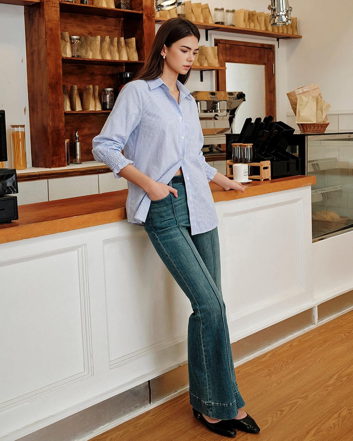 MANGOPOP Striped Button Down Shirts for Women 3/4 Sleeve Collared Neck Blouses Ruched Smocked Shirt Business Casual Tops