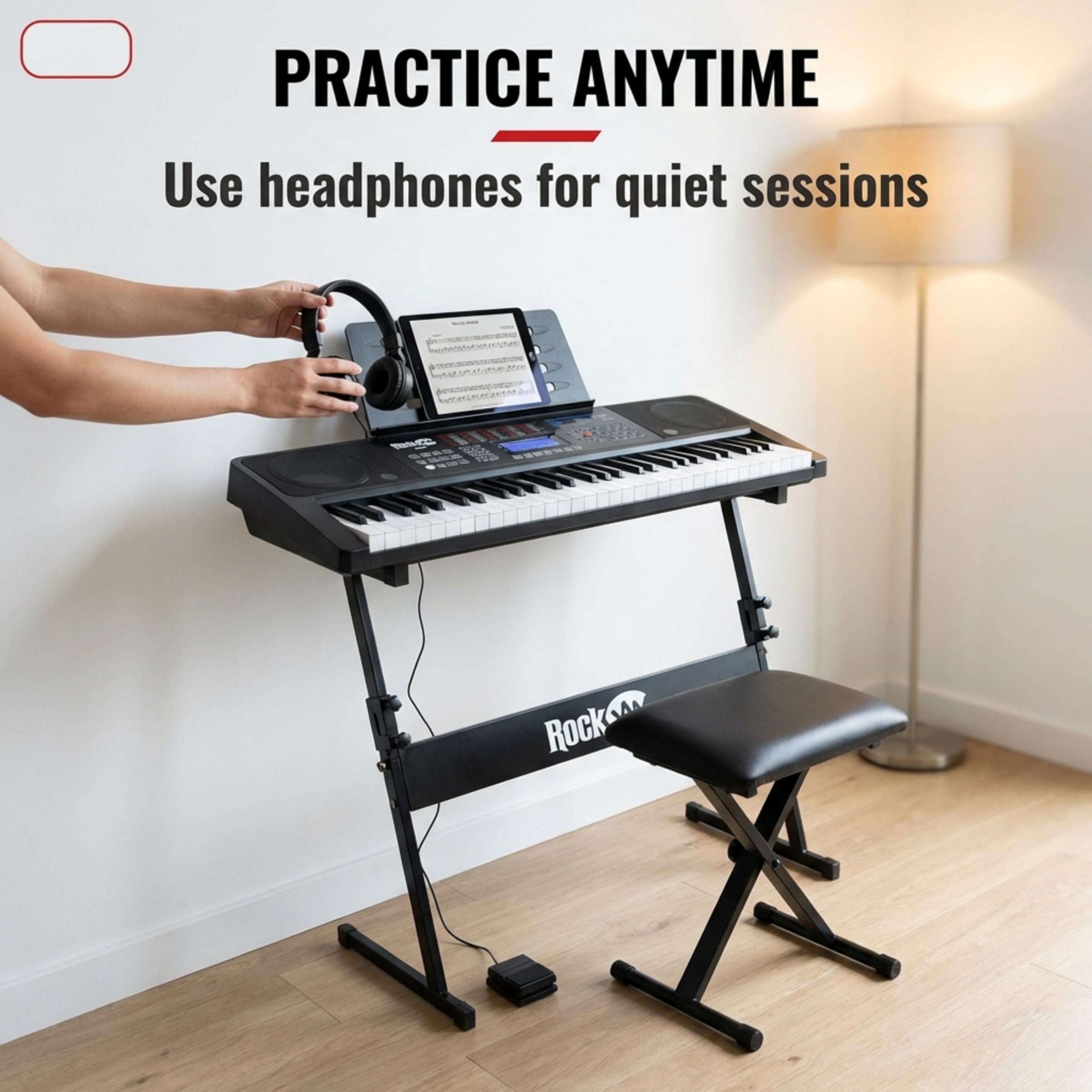 RockJam 61 Key Touch Display Keyboard Piano Kit with Digital Piano Bench, Electric Piano Stand, Headphones Piano Note Stickers, Sustain Pedal & Simply Piano Lessons