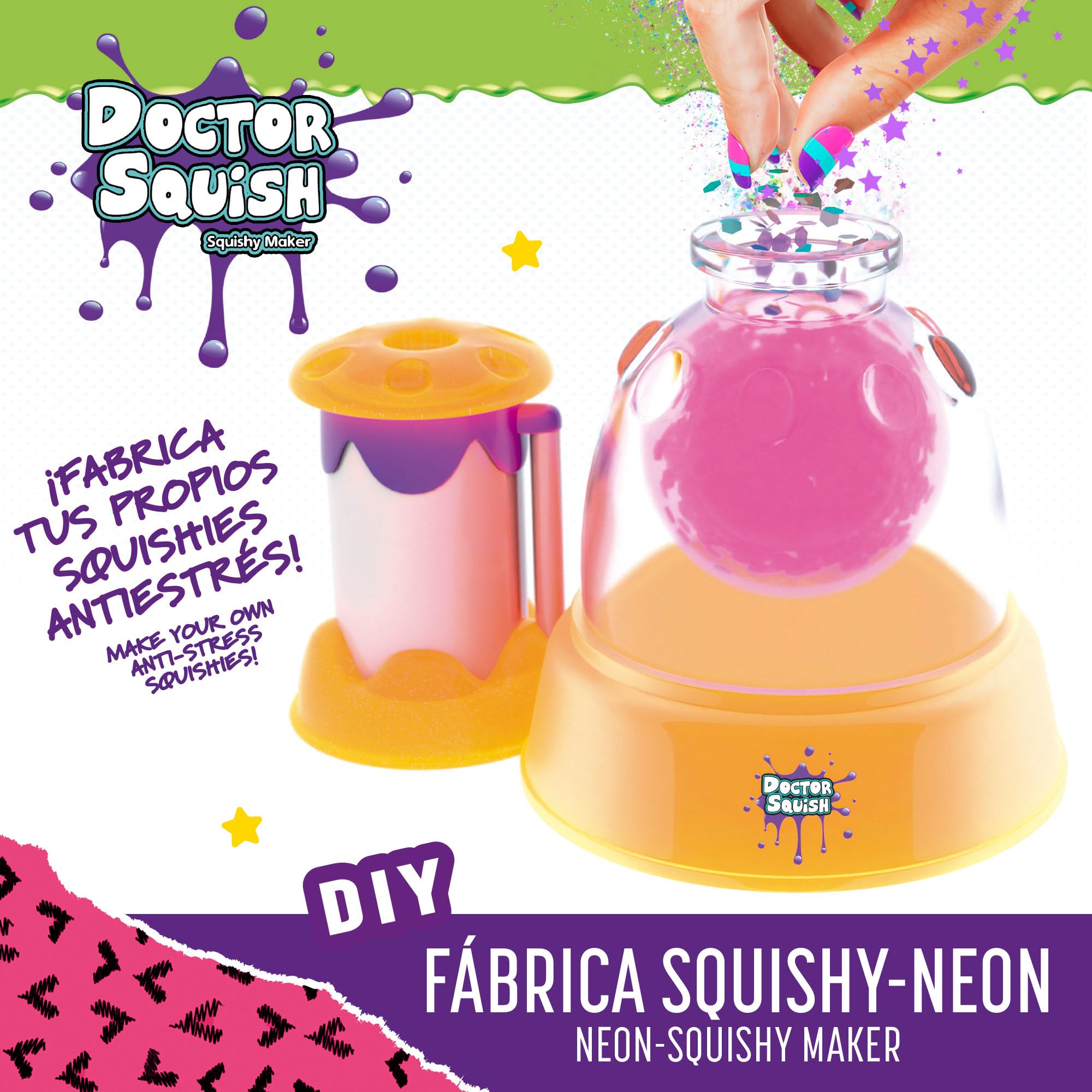 Doctor Squish Estación fábrica de squishies Glow it!, Neon Edition, hasta 8 squishies, Brillan en la Oscuridad, Incluye estación Manual, Cápsulas, Pinzas, Slime y Rellenos, Desde 8 años (48439)