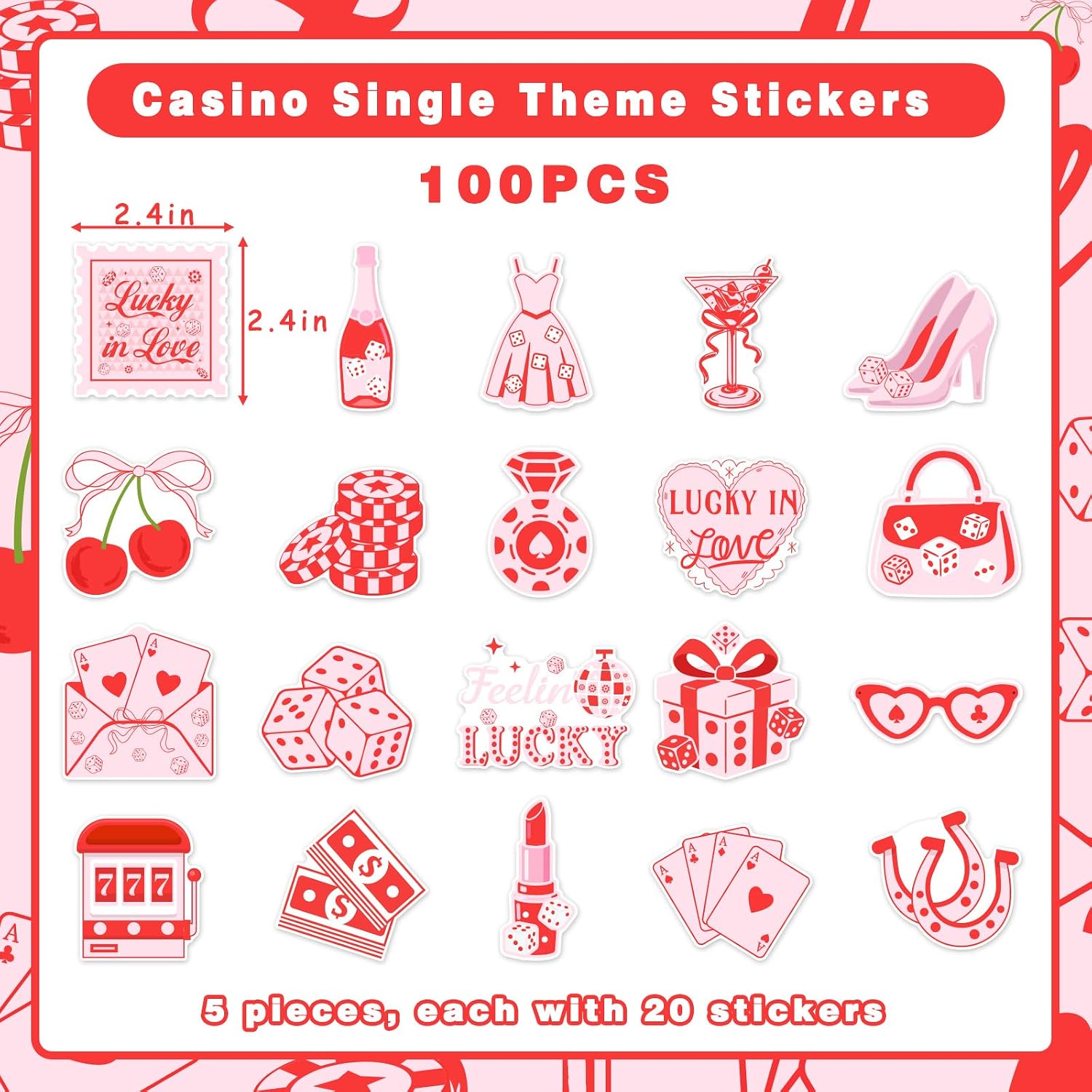 Casino Bachelorette Party Supply Stickers 100 Pack Pink Lucky in Love Casino Theme Decoration Stickers for Bachelorette Party Gifts Daily Use Scrapbook Laptop Water Bottle image 5