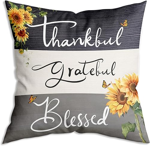Thankful Grateful Blessed Sunflower Gifts - Funda de cojín suave para sofá, cama, 18 x 18 pulgadas, regalo de inauguración de la casa
