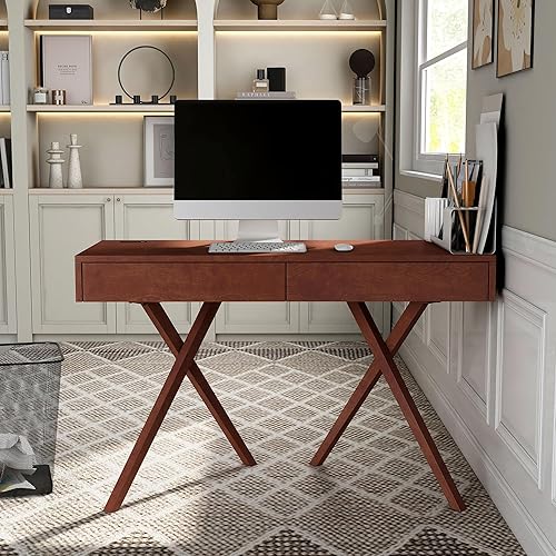 Miniatura 17 de 24/7 Shop at Home Idris Mid-Century - Escritorio moderno de madera con 2 cajones con puerto USB, toma de corriente para estación de trabajo, oficina