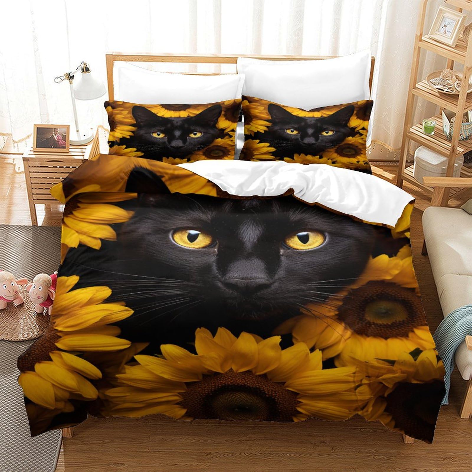 P1S9U7W5Y Sunflower Cat 3D Printed Duvet Cover Set 3pcs Microfiber Sunflower Cat Bedding Set King