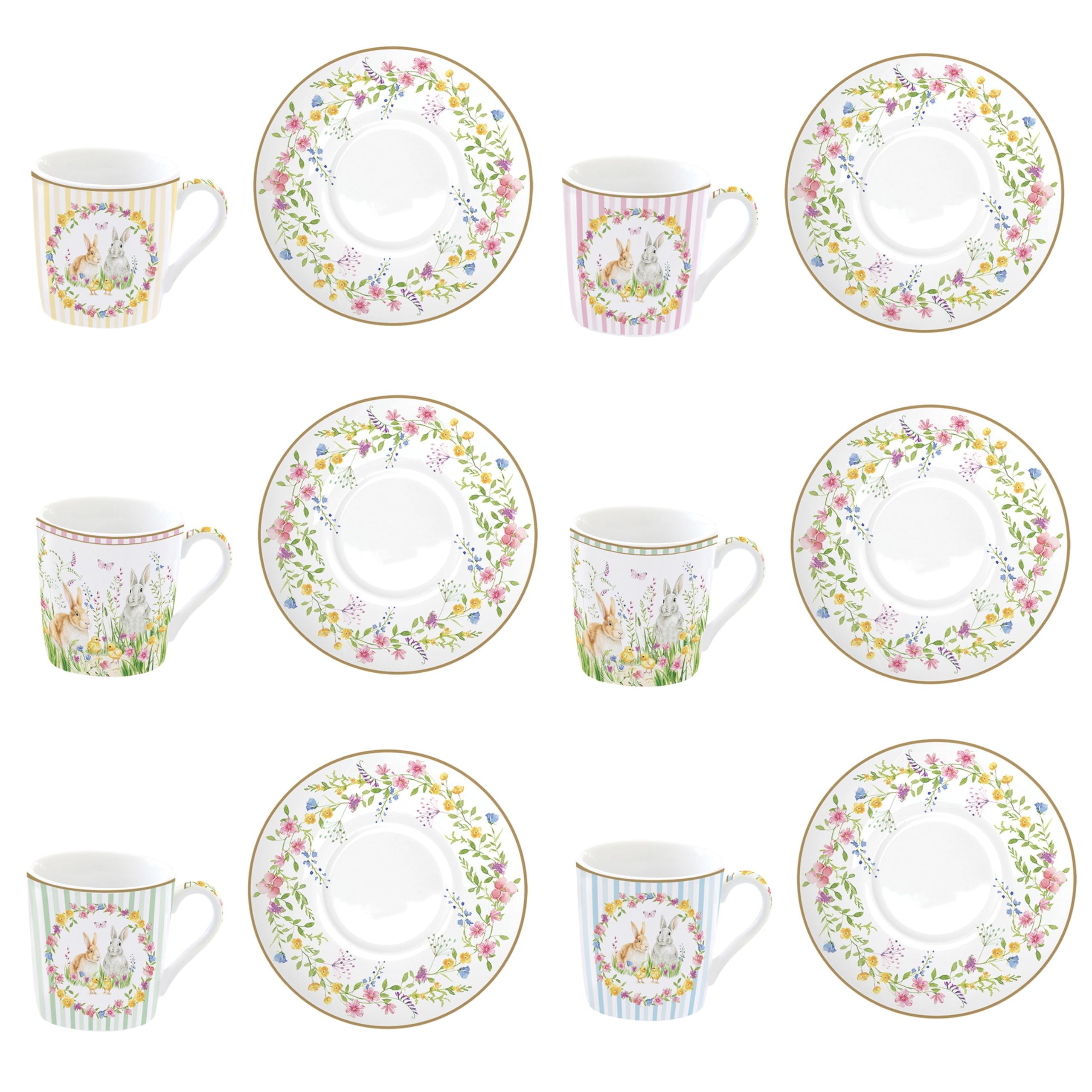 MamboCat Happy Easter - Set di 6 tazze da caffè con piattini, per 6 persone, in porcellana colorata per colazione e caffè, 6 tazze piccole e piattini, stoviglie pasquali