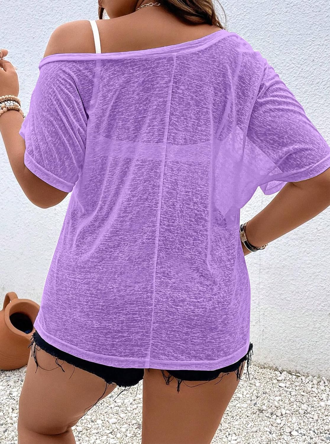 Hilinker Women's Plus Size Sheer Mesh Short Sleeve Top Sexy See Through T Shirt Off Shoulder Blouse Loose Fit - Image 4