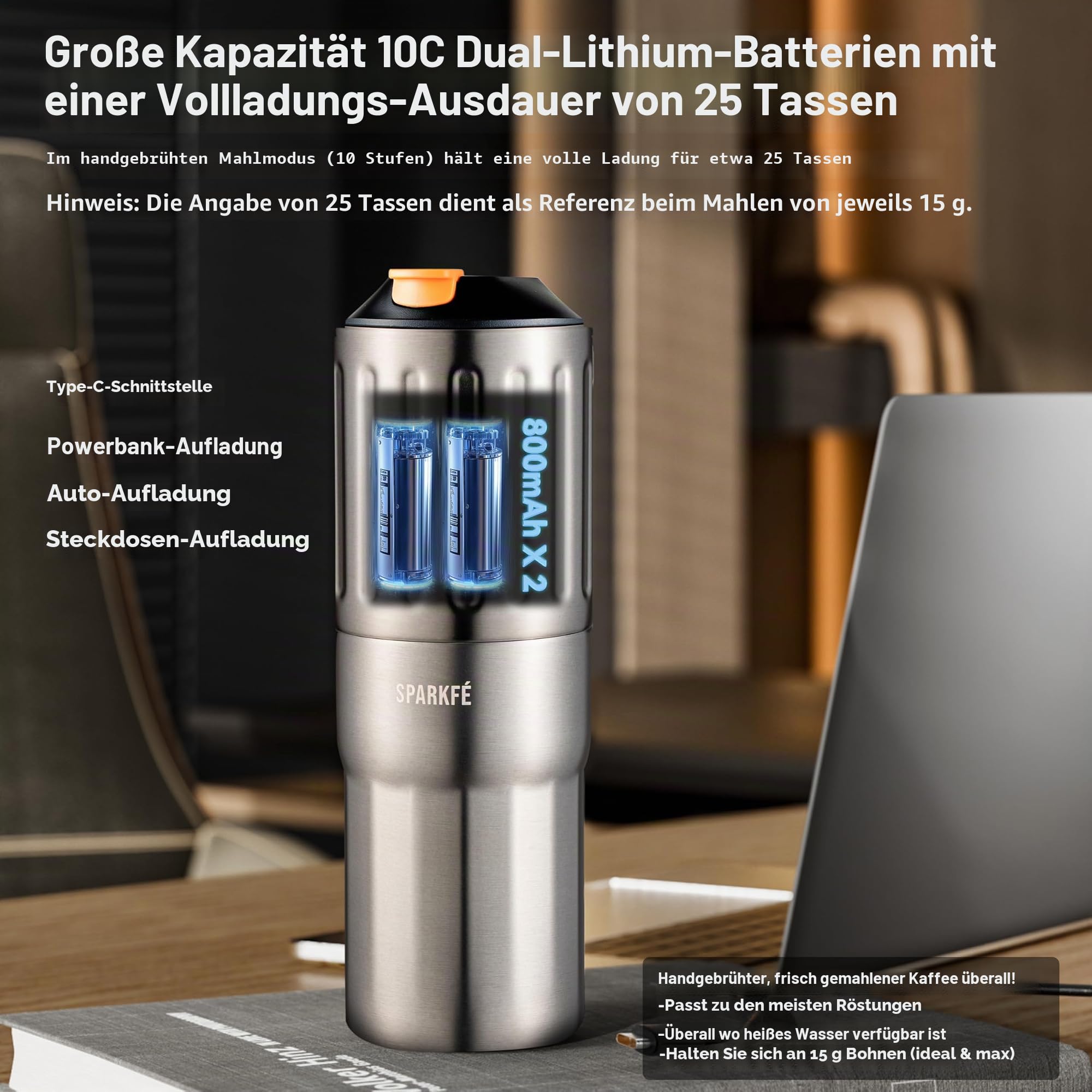 Tragbare Pour Over Kaffeemaschine, wiederaufladbare elektrische Mühle mit konischem Frässtift aus Edelstahl, integriertes Handbrüh-Set mit Edelstahlfilter & Reisebechern, für Camping, Outdoor