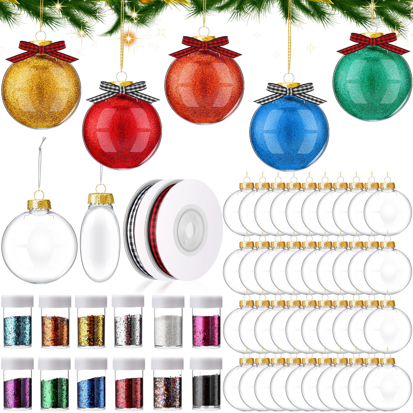 48 Pcs 3.15 Inch Clear Christmas Ornaments Balls Plastic Fillable Ornament for DIY Crafts Hanging Transparent Balls with Glitter Sequins and Ribbon