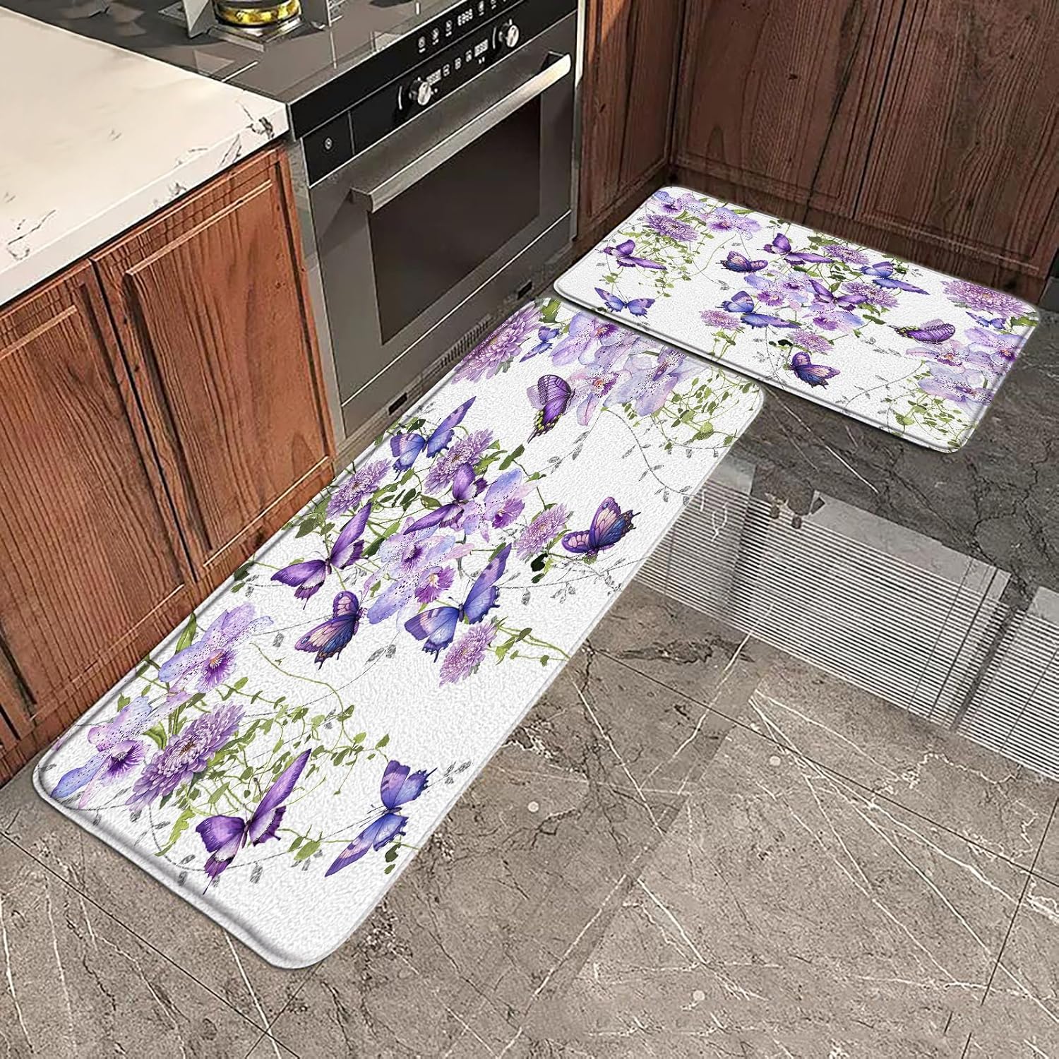 Flower Butterfly Bath Mat Purple Floral Watercolor Butterflies Bathroom Bedroom Kitchen Rug Soft Memory Foam Backing 18x30 Inch and 16x48 Inch