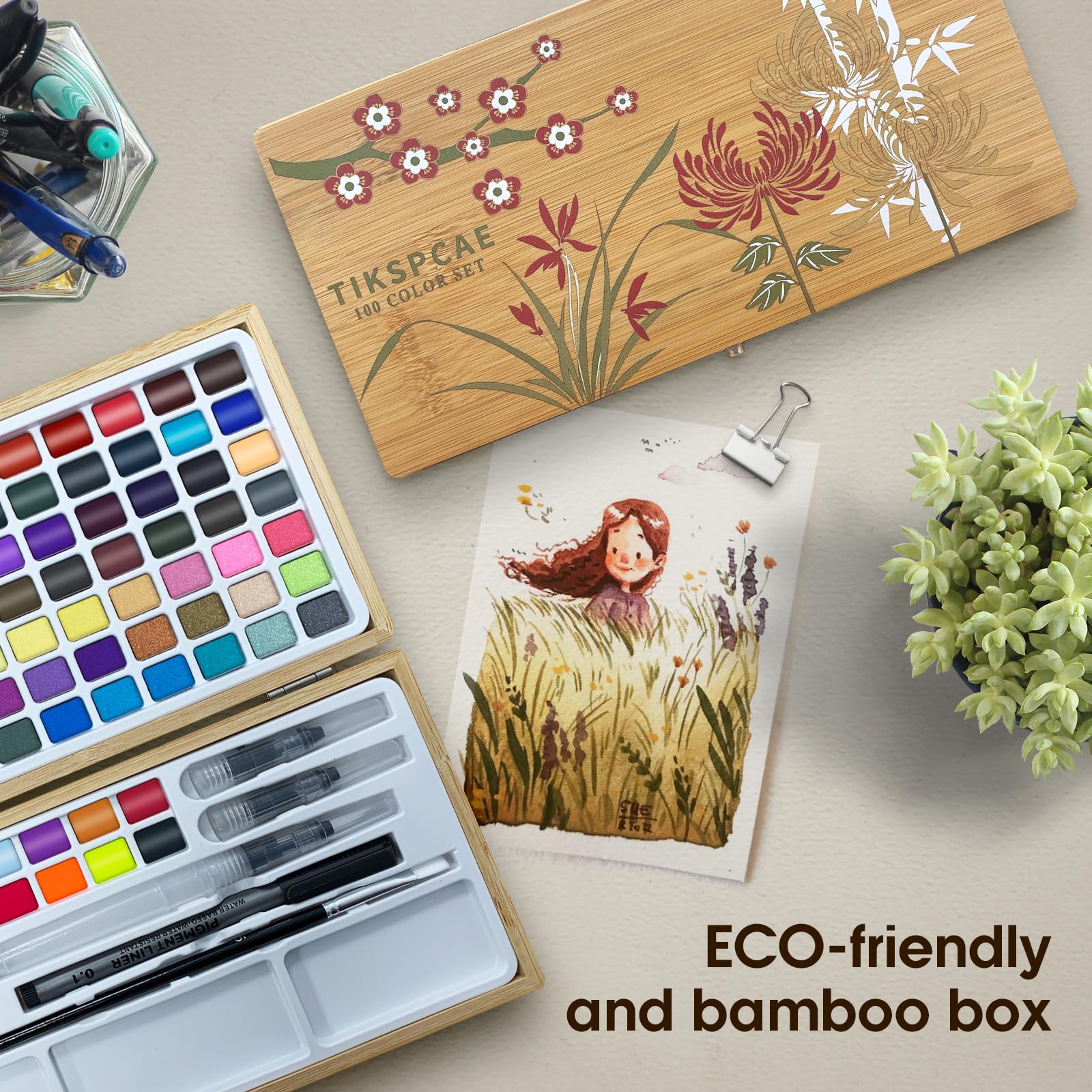 Juego de pintura de acuarela, 100 colores en caja de bambú natural, kit de acuarelas portátil con papeles y bolígrafos de pincel, ideal para niños, adultos, principiantes y profesionales