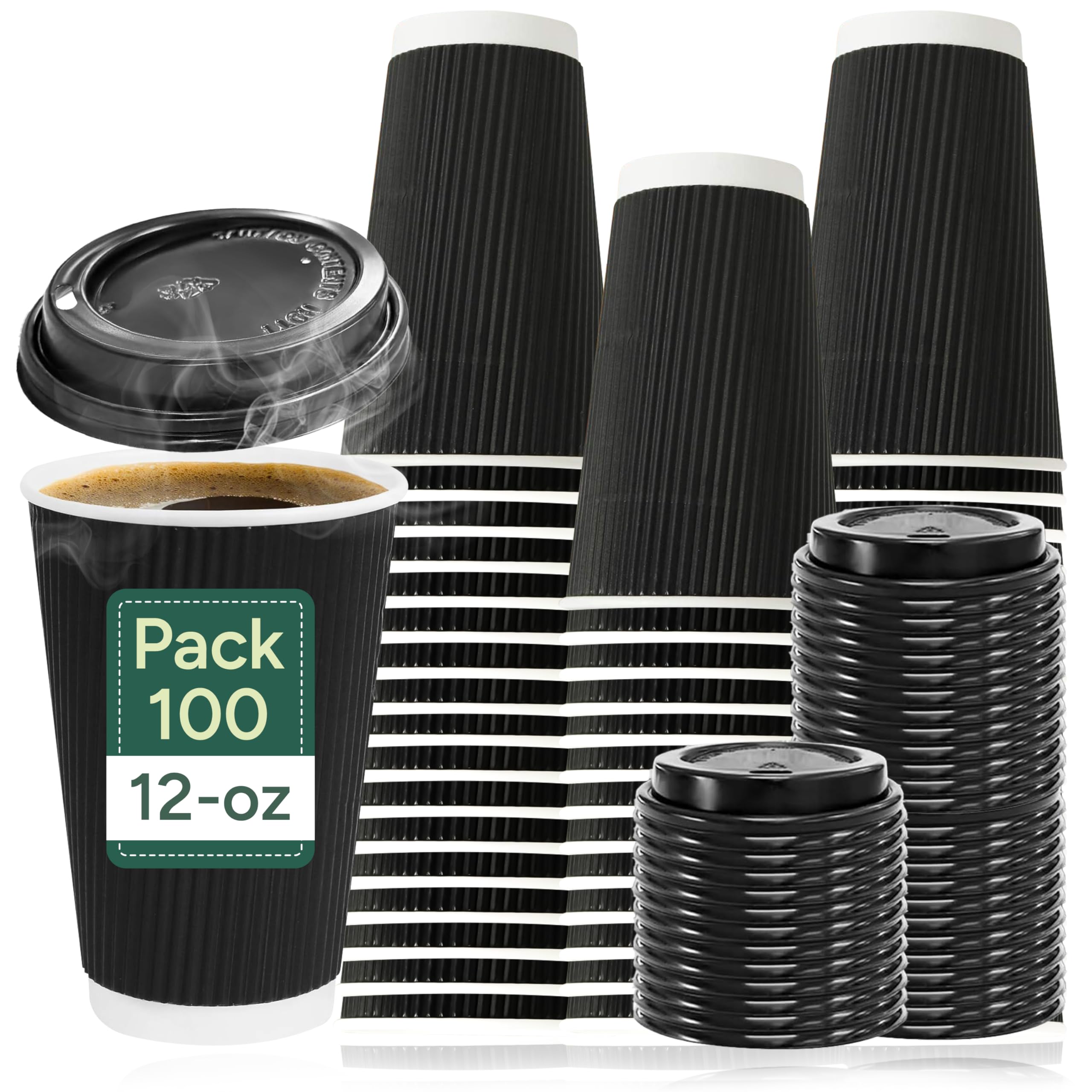 Zuvo - 100 x 12oz Disposable Coffee Cups with Lids | Triple Wall Ripple Black Paper | Durable, Leakproof Takeaway | Insulated for Hot Coffee, Tea & Cold Drinks