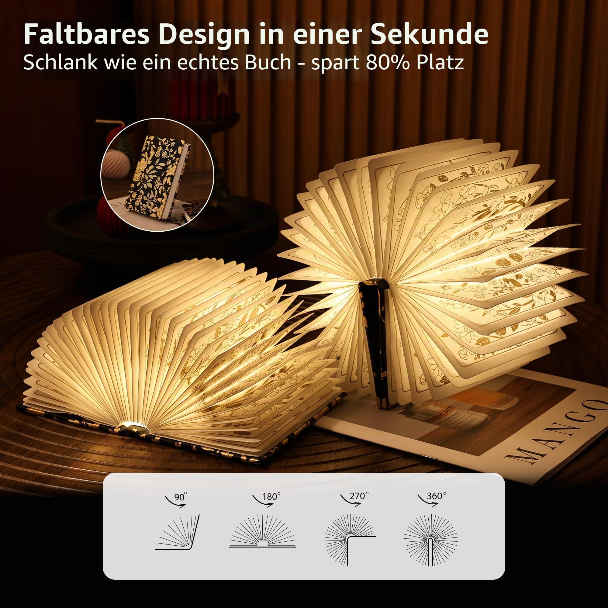 Buchleuchte mit Blumendruck, 3-farbige Buchlampe, Buchliebhaber, Geschenke, 1200 mAh, tragbare, faltbare Papier-Schreibtischlampe, Nachtleselampe, Geschenke für Frauen, Geburtstag