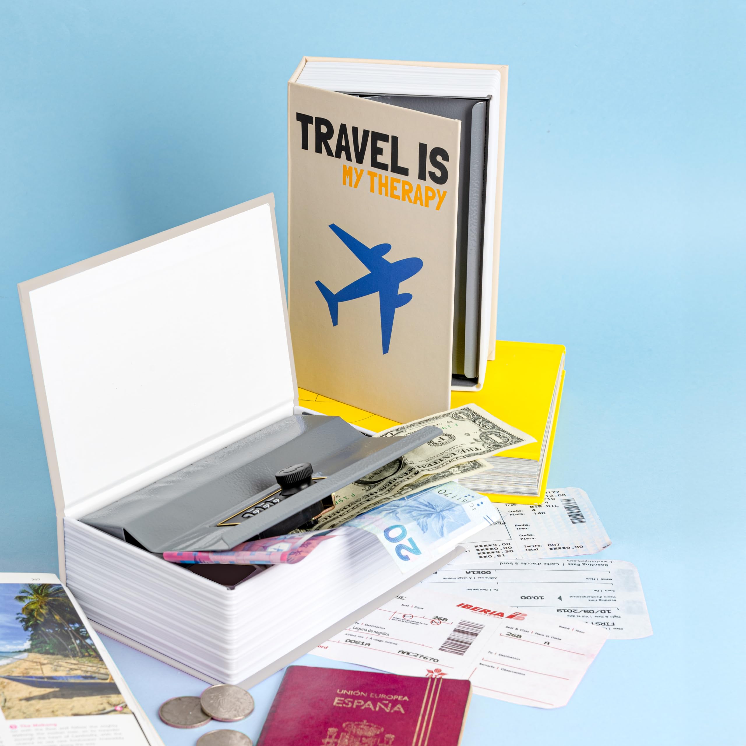 Fisura – Cassaforte a forma di libro "travel is my therapy". Cassaforte libro originale con serratura a combinazione. Cassetta di sicurezza nascosta. 18 x 11,5 cm
