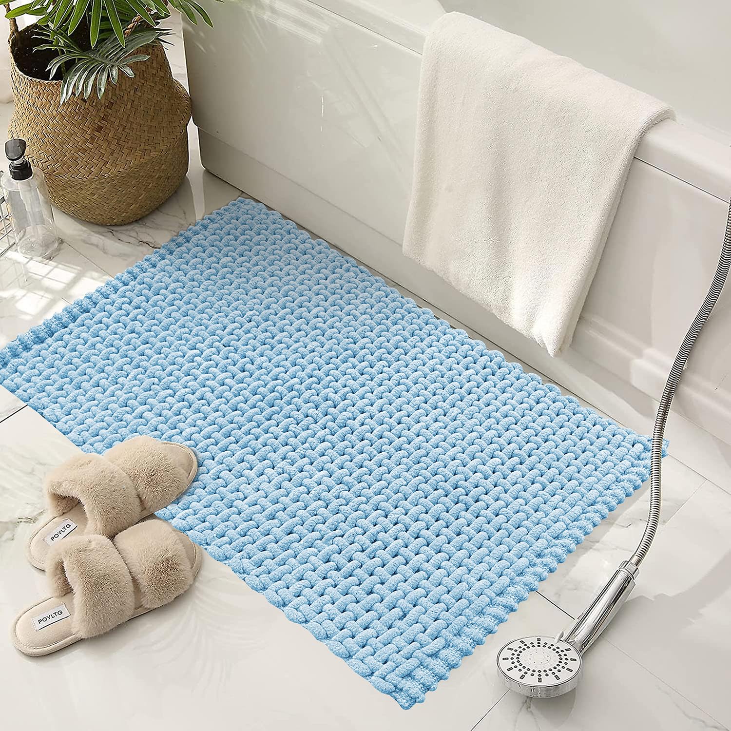 SANMARINO Non Slip Chenille Bath Mat, Extra Soft Bathroom Mat, Super Absorbent Fluffy Bath Mats for Bathroom, Machine-Washable Quick Dry Bath Rug Foot Mat, 16"x24", Blue-image-36