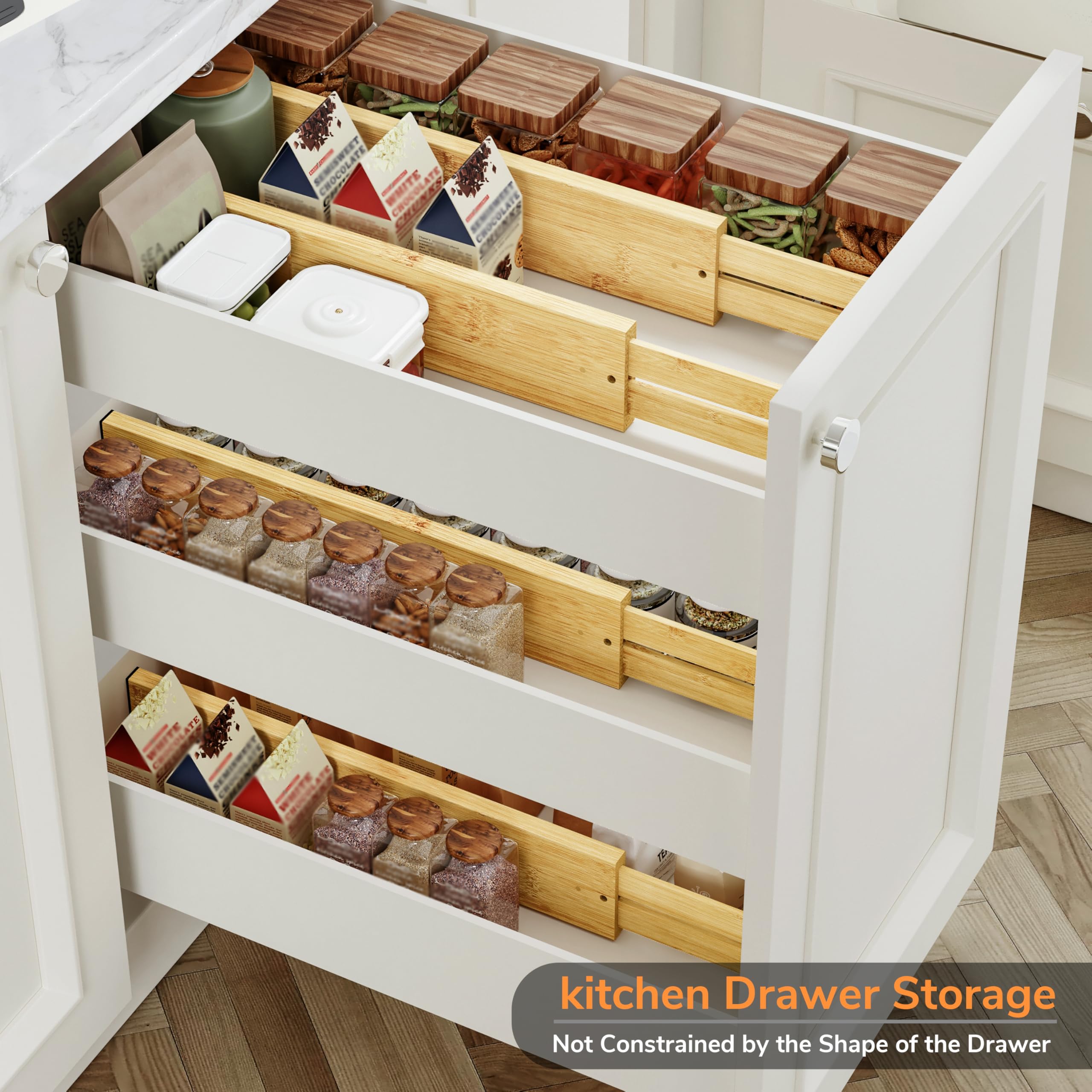 BAMEOS Große Bambus-Schubladenteiler, 7,6 cm, verstellbare Schubladenorganisation, erweiterbar, Utensilien-Organizer für Küche, Kommode, Badezimmer, Schlafzimmer und Büro, 4 Stück