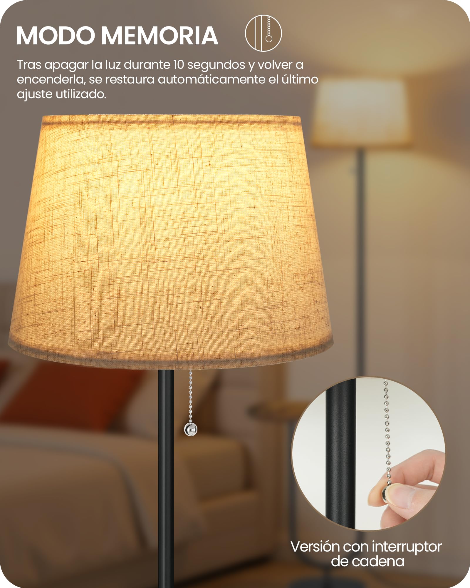 Lámpara de Pie con Mesa Auxiliar 3 Temperaturas de Color Cabezal Ajustable Pantalla de Lino Marrón Rústico y Beige