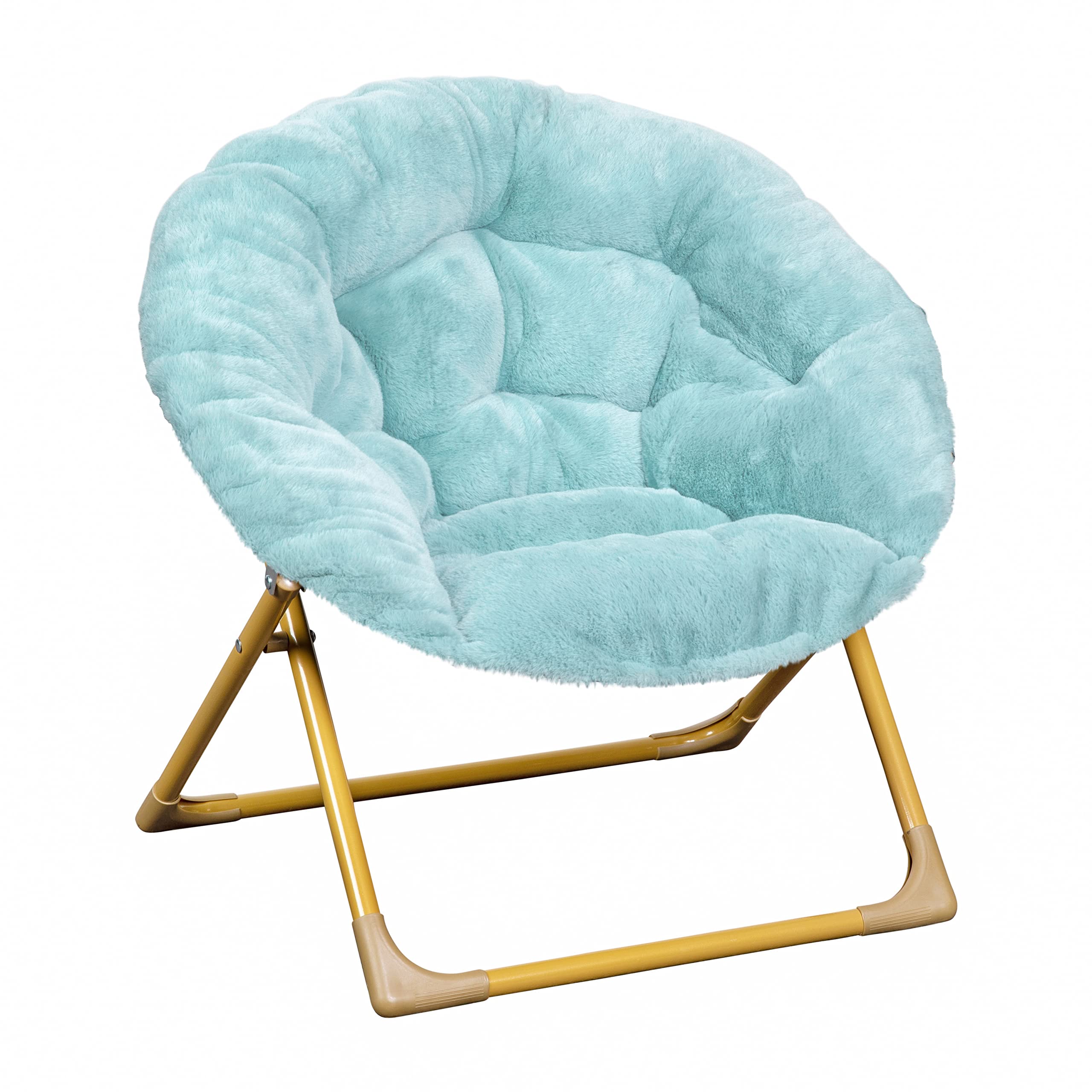 Flash Furniture Gwen Kids Cozy Mini Folding Saucer Chair - Dusty Aqua Faux Fur Moon Chair - Soft Gold Metal Frame - 23" Portable Folding Chair For