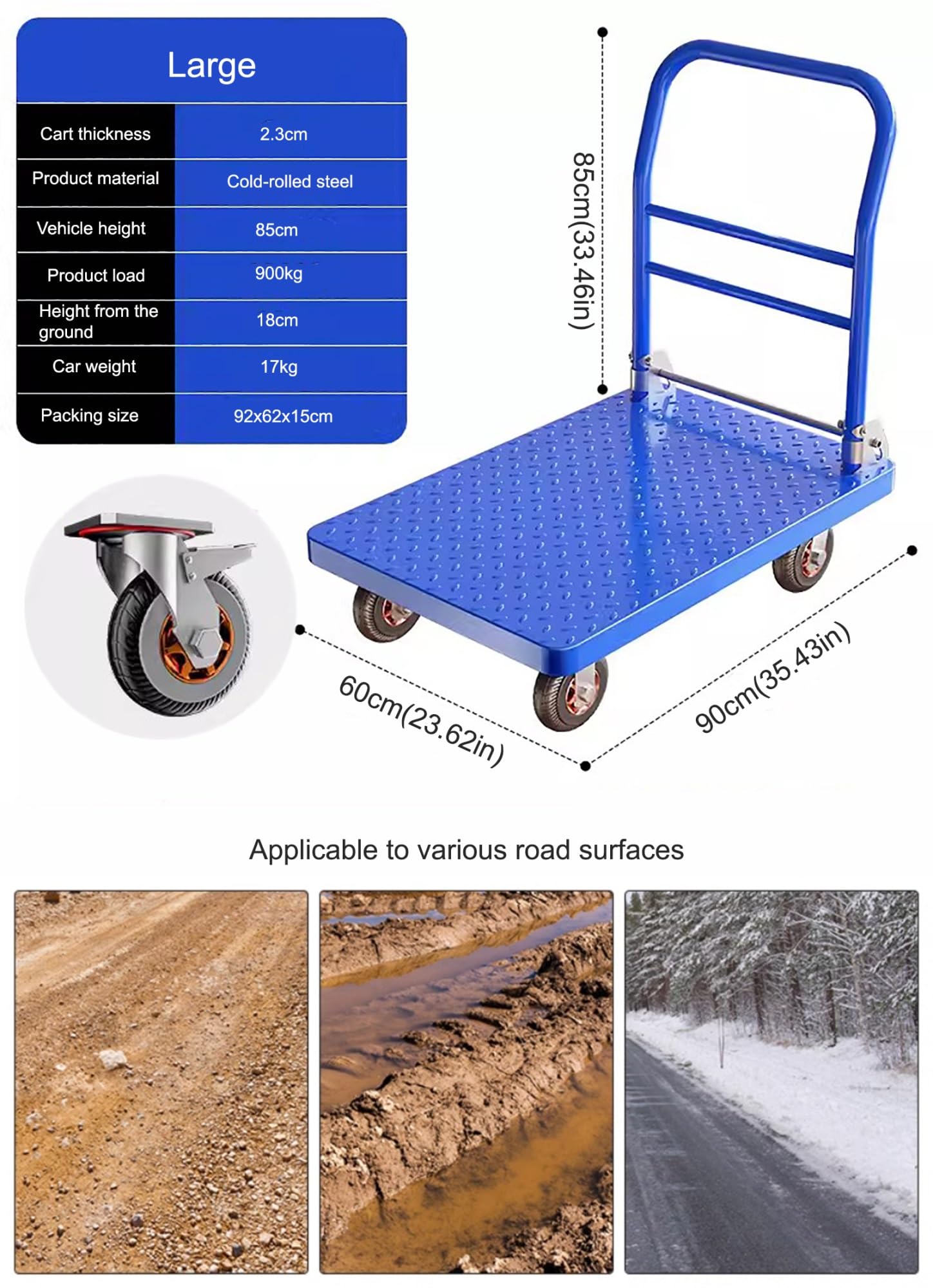 Genérico Carretilla de Plataforma Plegable, Carretilla de Empuje de Acero de 900 kg con diseño de Freno, Plataforma Plegable for fácil Almacenamiento