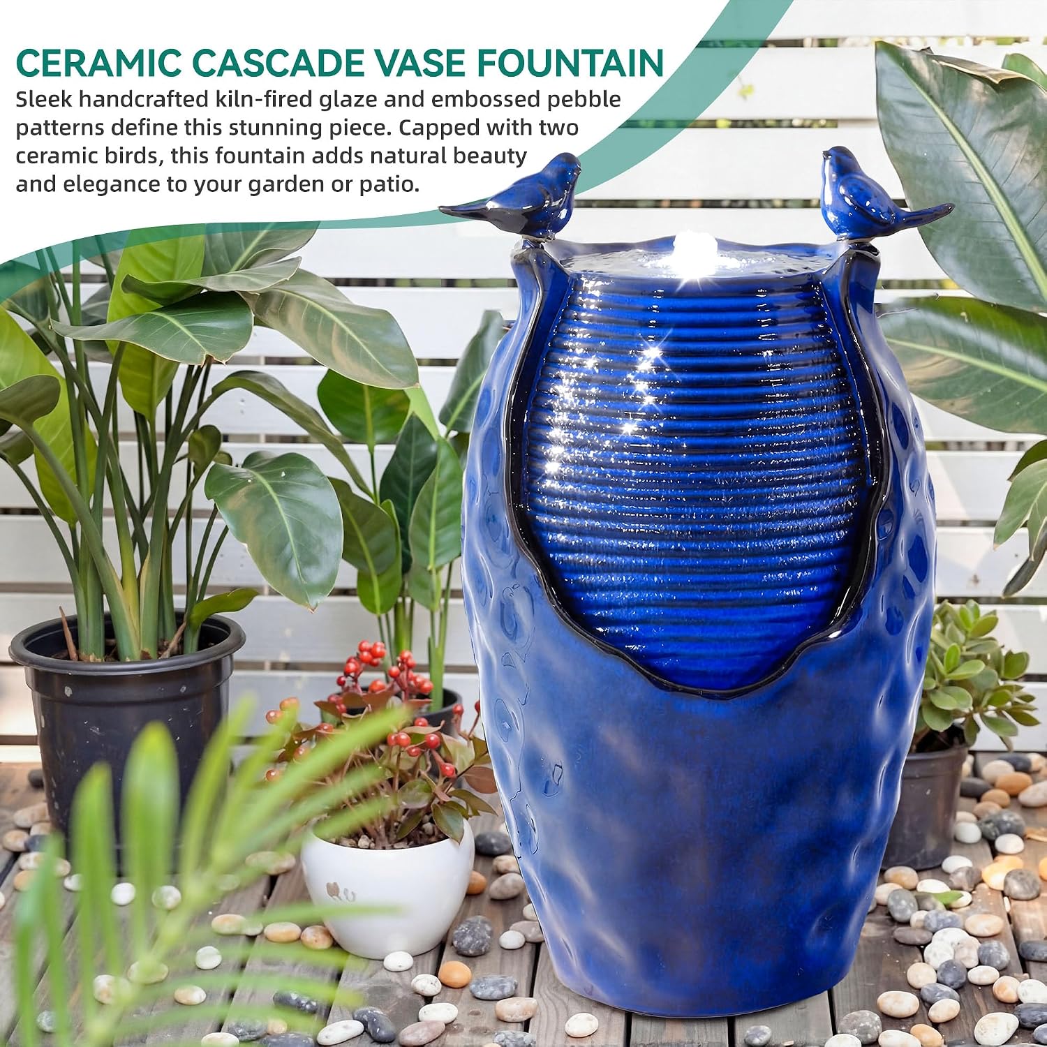 23.5" H Ceramic Jar Outdoor Fountain, Honeycomb Pot Water Feature with LED Lights, Soothing Trickling Waterfall for Garden, Patio, Yard, Balcony or Porch Oasis, Cobalt Blue Glaze, KD Vivid Birds