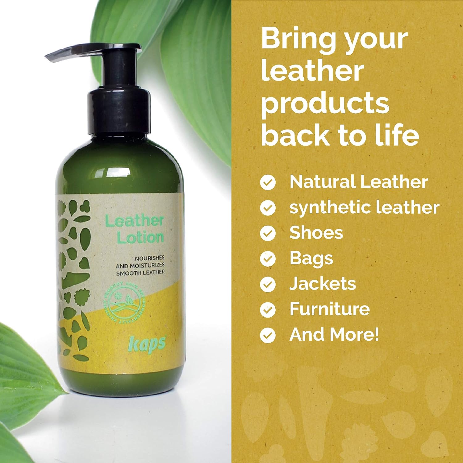 Kaps Leather Lotion | Eco-Friendly Plant-Based Jojoba and Lanolin | Leather Care For Natural and Synthetic Smooth Leather | Restore Shoes, Bags, Jackets and More | 200ml | Made in Europe