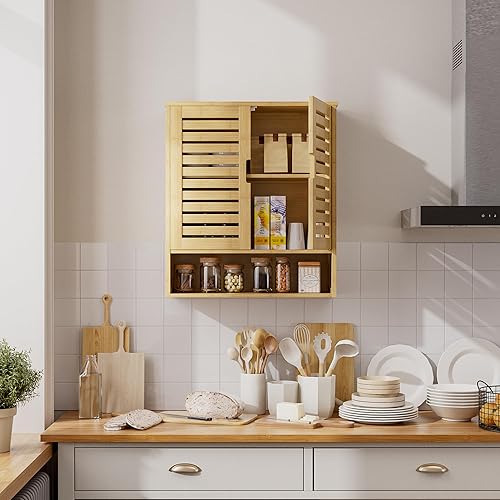 Miniatura 8 de SMIBUY Armario de baño montado en la pared, organizador de almacenamiento de bambú sobre el inodoro, botiquín ahorrador de espacio con 2 puertas y