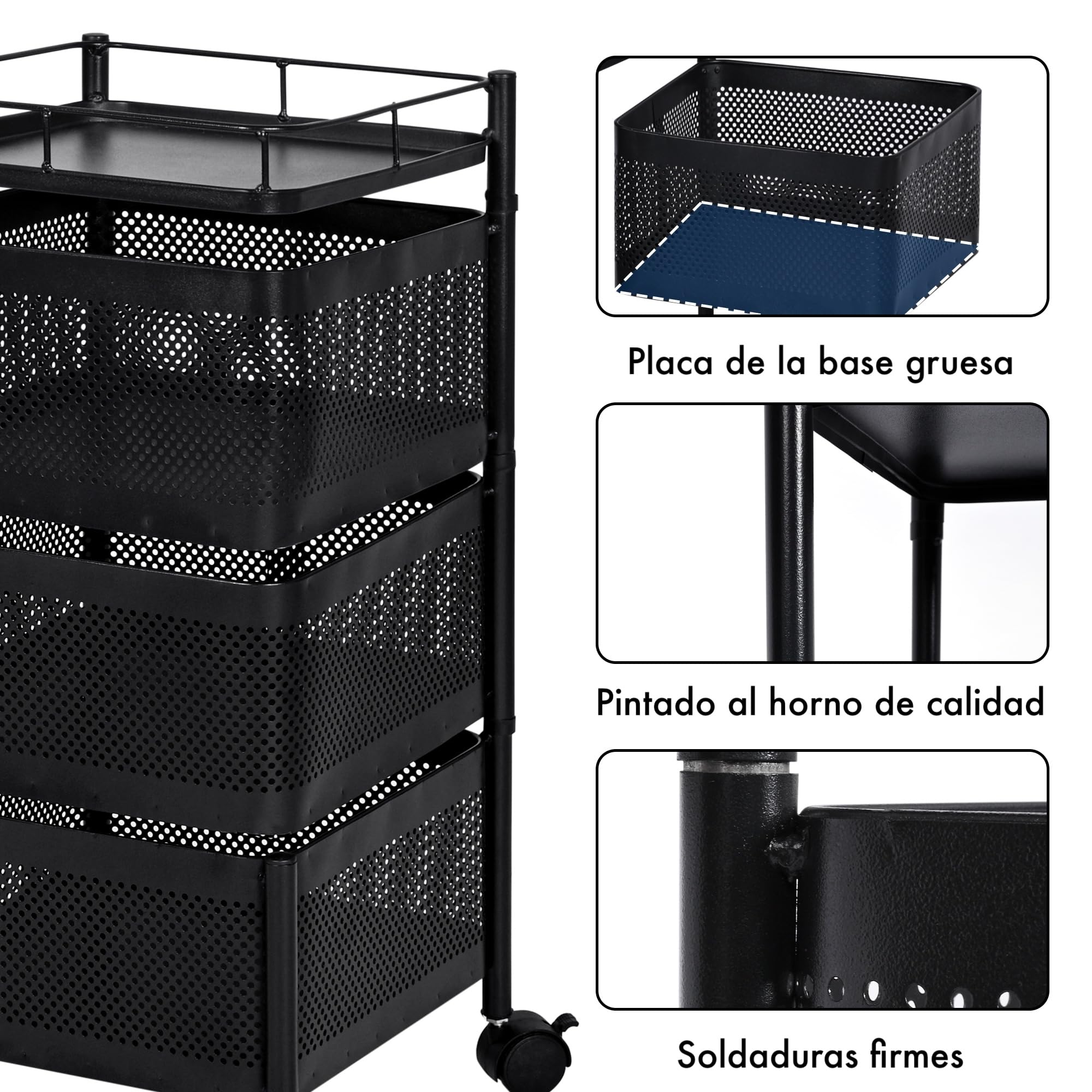 Carro auxiliar metálico con ruedas y cestas plegables ahorra espacio | Carrito cocina verdulero frutero | Estantería organizador de metal gran capacidad y bandeja superior | Estante cocina
