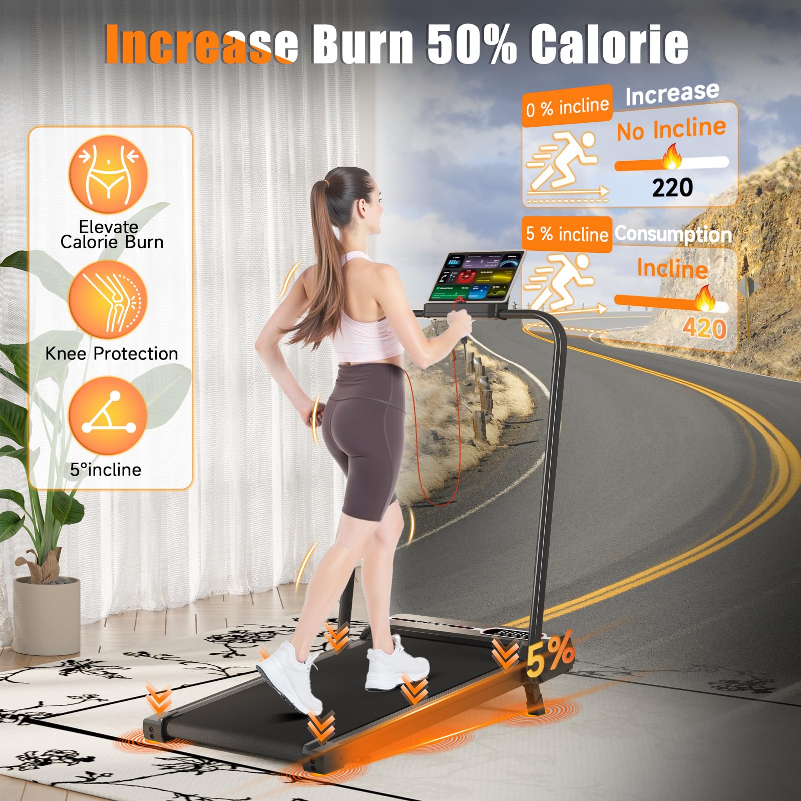 Walking Pad Treadmill with 5% Incline, 5 MPH Under Desk Treadmill for Home & Office, 300+ lb Capacity, Ultra Quiet Motor, Remote Control, Compact & Portable & Small, Fits Under Sofa/Bed: 5% Incline with Handrail Black