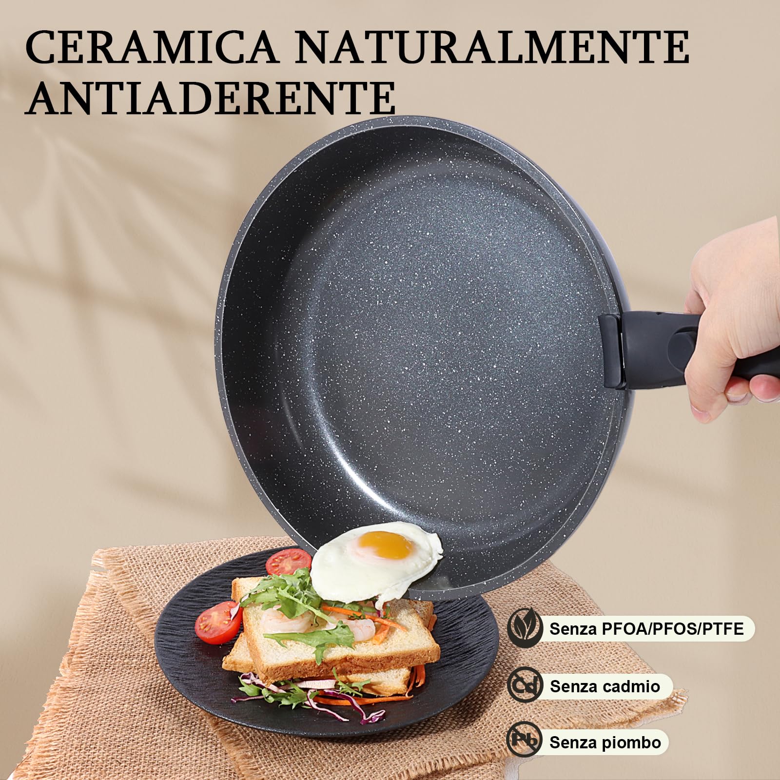 GiPP Set di Pentole e Padelle Ceramiche Antiaderenti 3 Pezzi con Manico Amovibile - Cucina Sana per Camper, Senza Tossine, Compatibile Induzione/Forno/Lavastoviglie