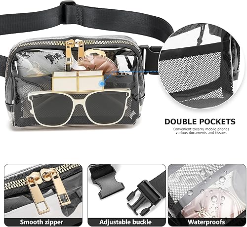 Vista 5 de Riñonera transparente aprobada por estadios para mujeres y hombres con correa ajustable, resistente al agua, bolsa transparente para viajes