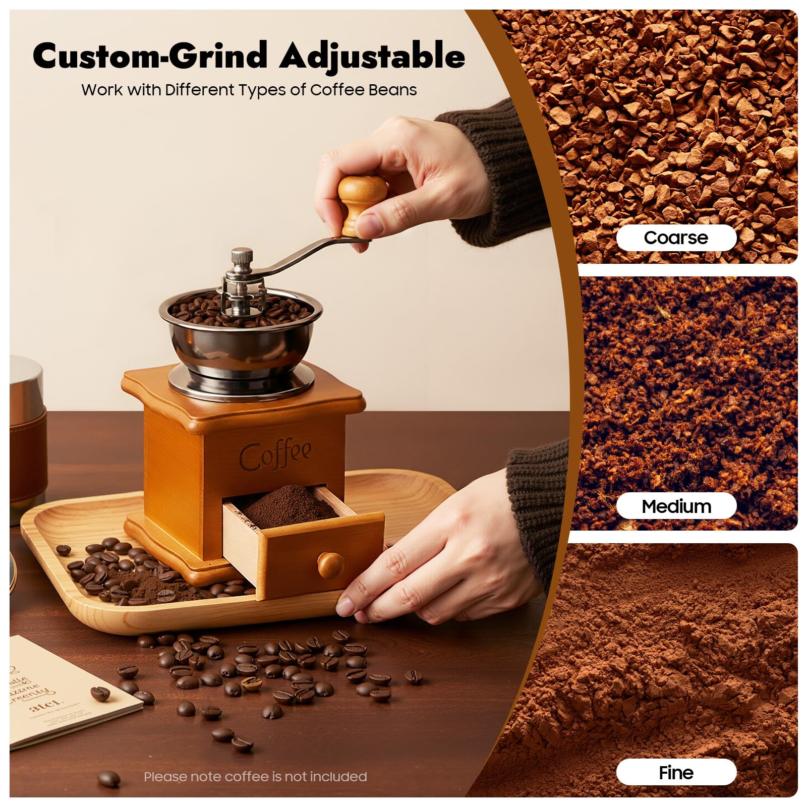 Molinillo de café manual, molinillo de mano de madera retro, molinillo de café con manivela, fuerza de molienda ajustable, molinillo de granos de café con cajón de madera, portátil para